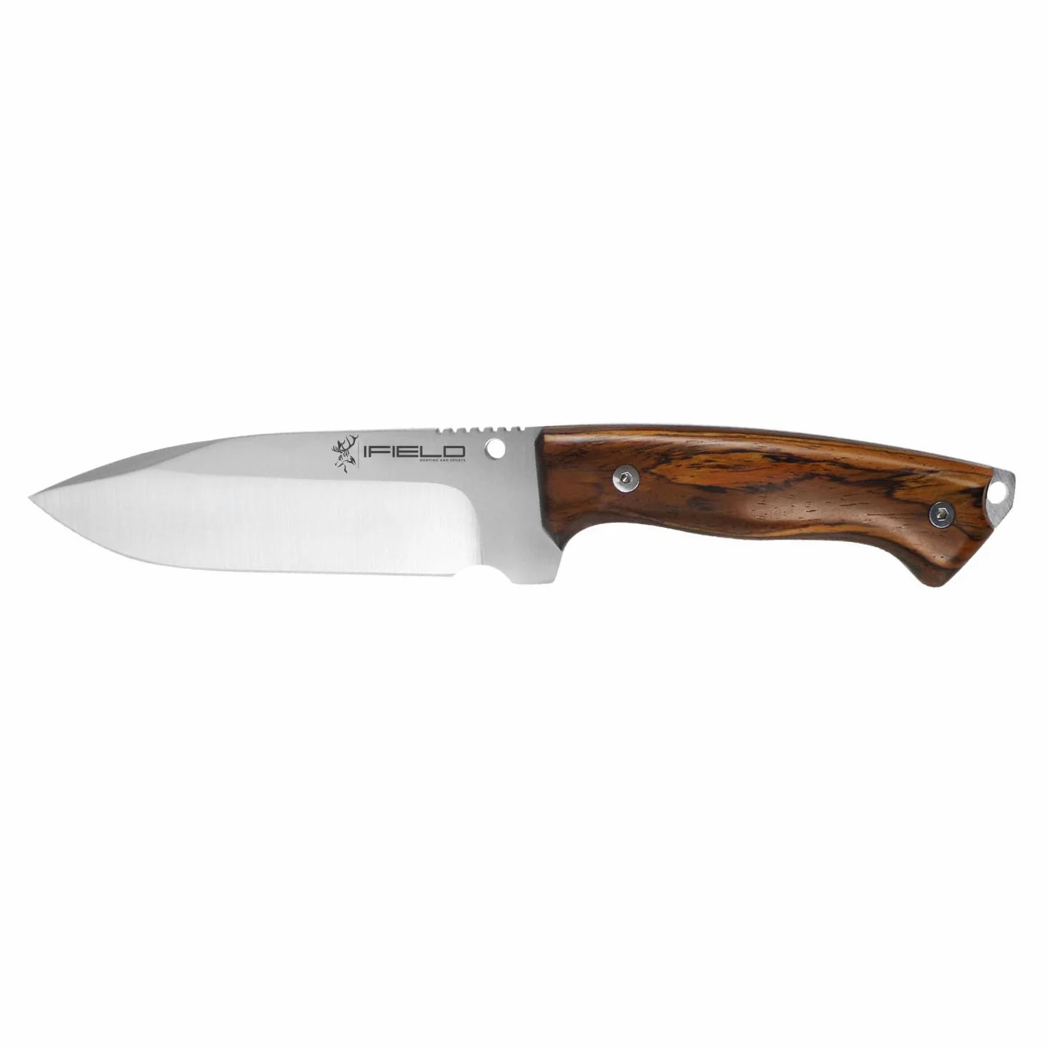 iFIELD Cuchillo de caza deportivo Workout EL29104, hoja de 15 cm MOVA satinado, funda de piel marrón con pedernal y piedra de afilar, herramienta de camping para pesca, caza, actividad deportiva
