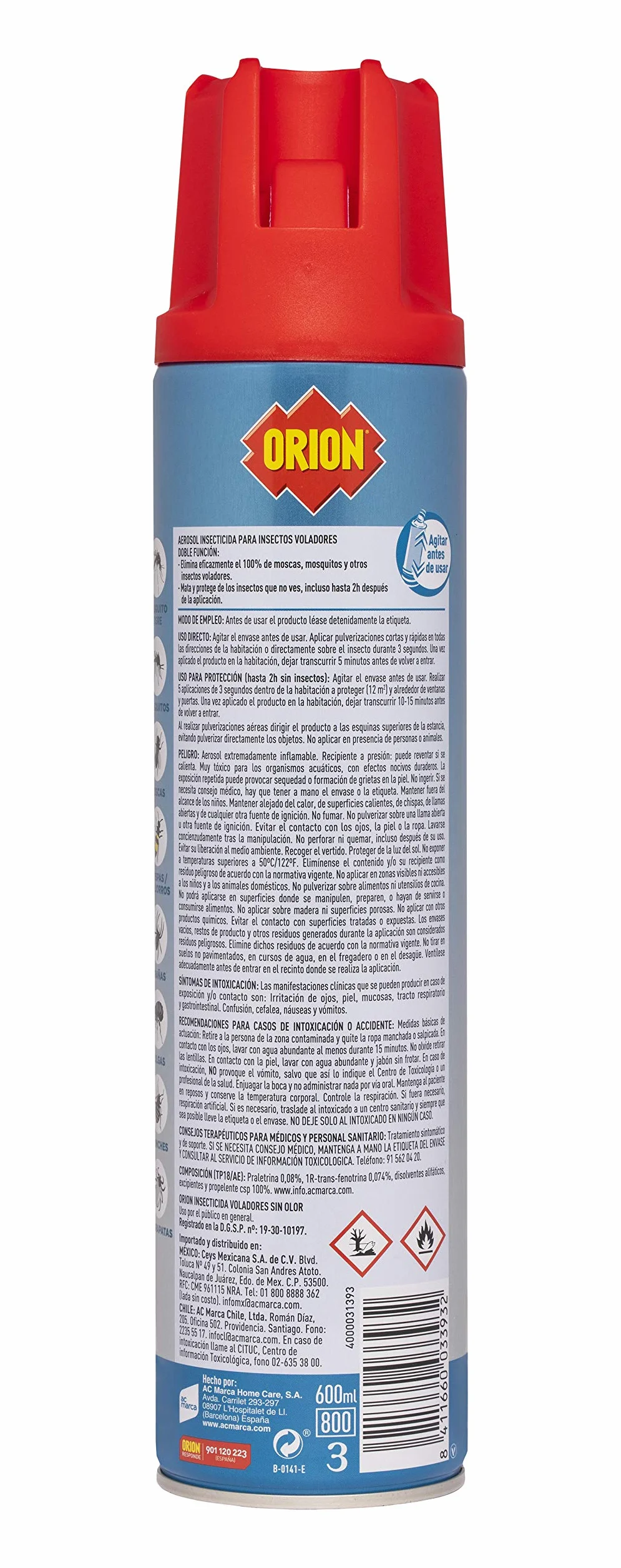 Orion Insecticida en Aerosol 2en1 Mata y Protege contra Moscas y Mosquitos 600 ml