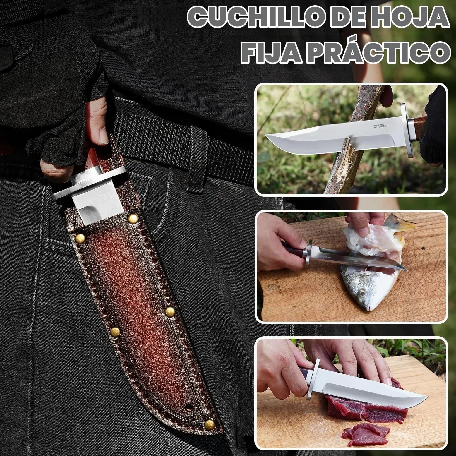 Omesio Cuchillo Outdoor Hoja Fija 5Cr14MoV con Funda de Cuero | Mango de madera maciza con funda de cuero, ideal para camping, senderismo y actividades al aire libre.