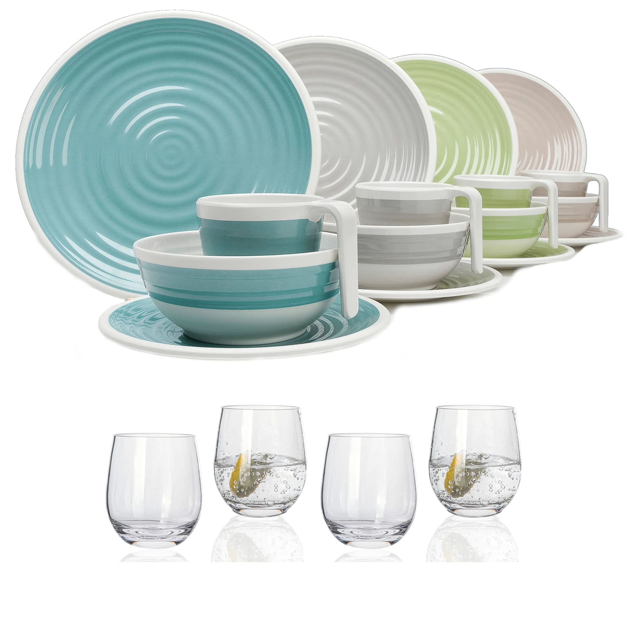 Vajilla de melamina para camping, 4 personas, armonía, 16 piezas + 4 vasos de agua, vajilla de pícnic, barbacoa