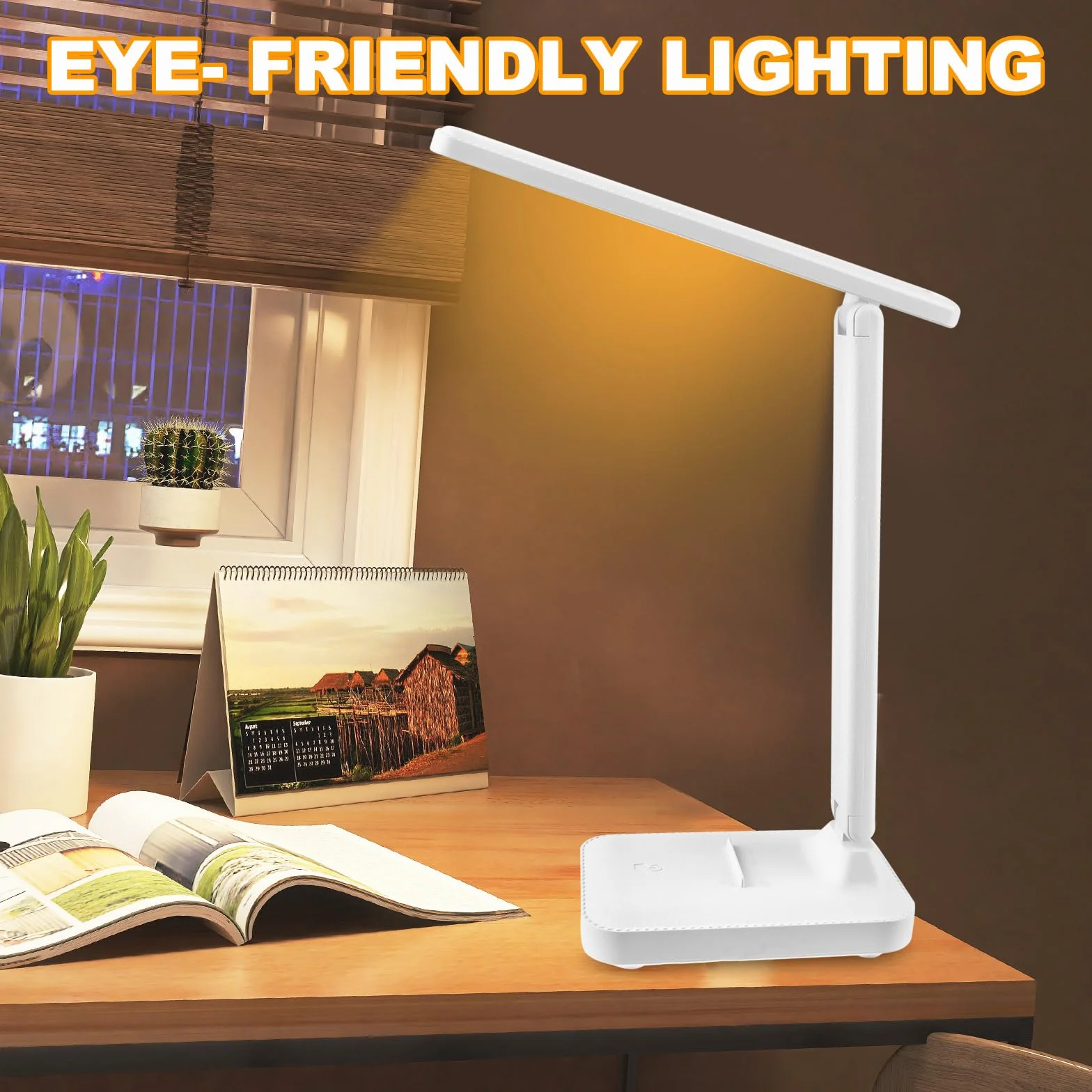 UKOFEW Lámpara Escritorio Led, Flexo de Mesa Plegable Ajustable sin Cables 3 Modos Atenuación, Blanco