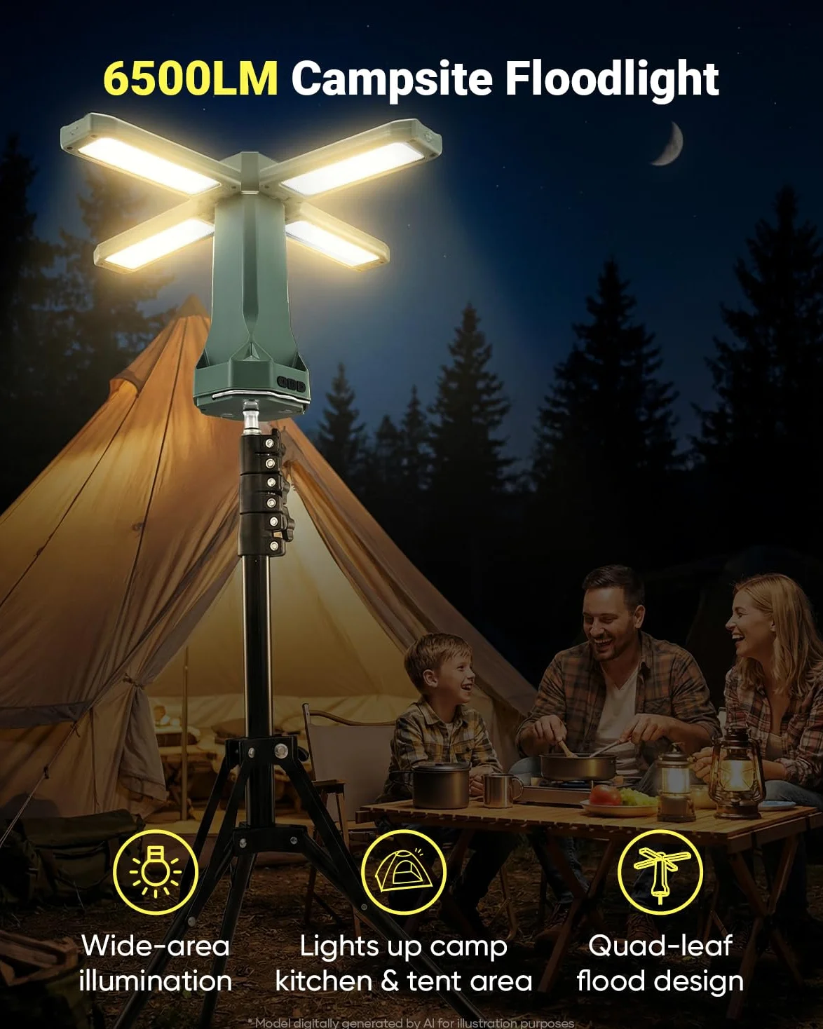 SakerNeo Linterna de camping y linterna recargable, 6500 lm, batería de 20000 mAh, 3 modos de color con base magnética, trípode ajustable (58-67 pulgadas) para camping, emergencia, luz de trabajo