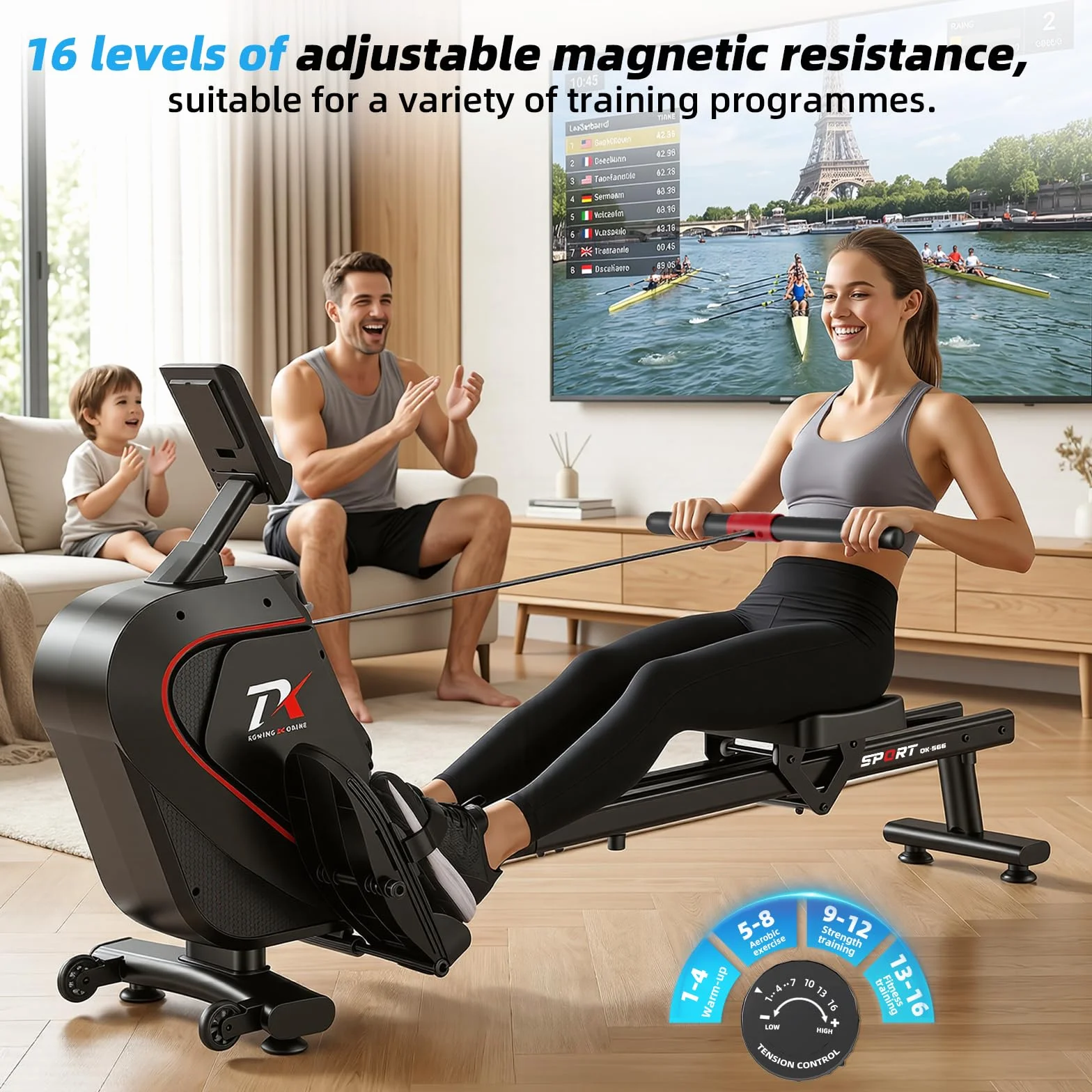 Maquina de Remo, 16 Niveles de Resistencia magnética silenciosa, con Aplicaciones, diseño de Doble raíl, Pantalla LCD, Capacidad 150KG, instalación Sencilla, Maquina de Remo para casa.