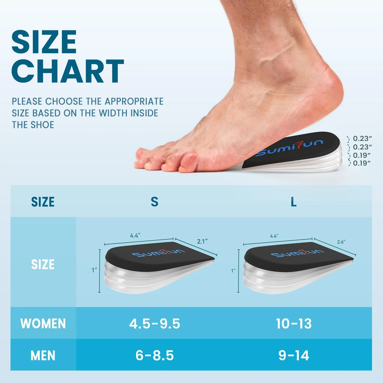 Sumifun Elevador de talón ortopédico ajustable 4 capas de gel 1 pulgada para mujeres con piernas desiguales
