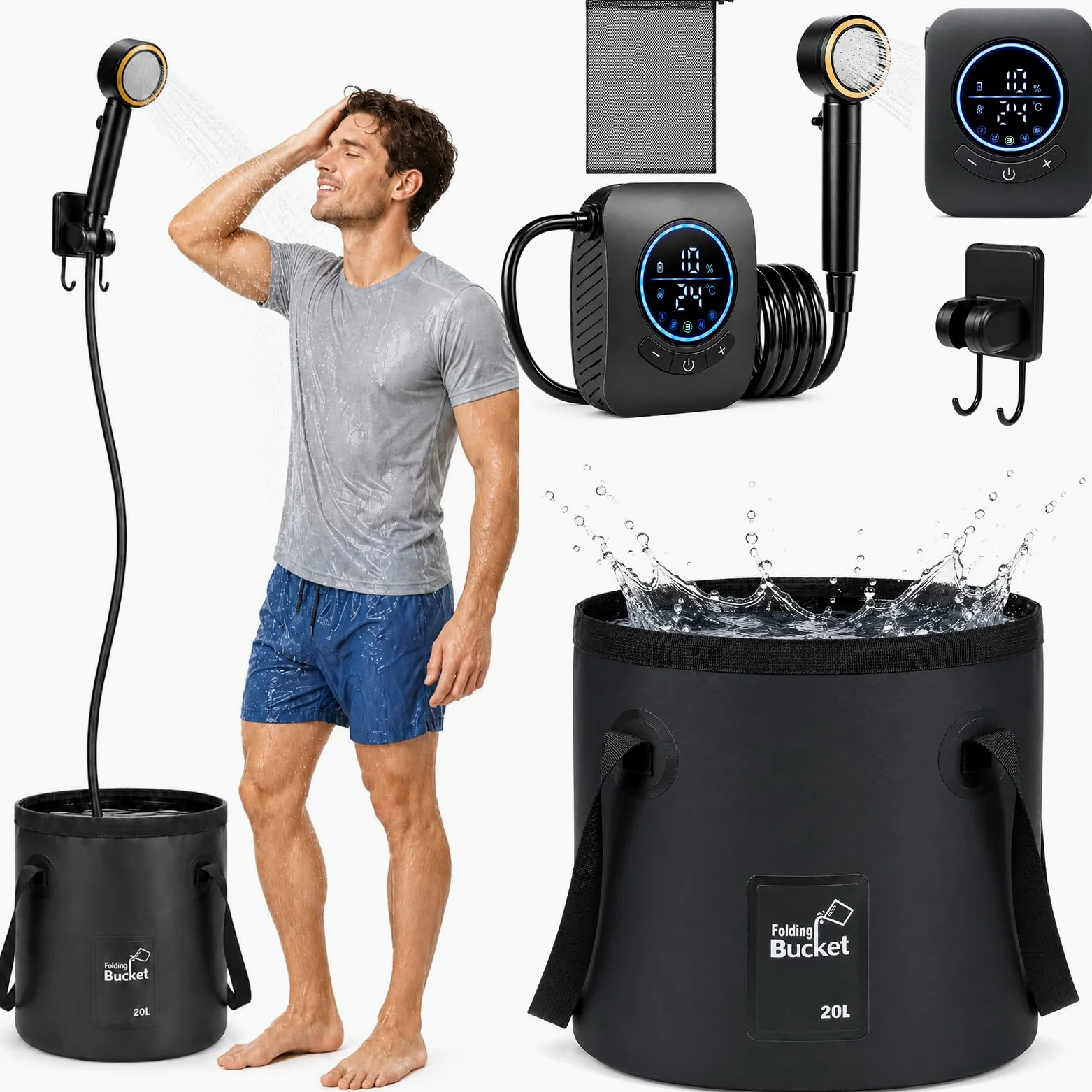 Ducha Portatil Camping con Cubo Plegable 20L, 8000mAh Recargable Ducha Camper con Pantalla de Temperatura Modo de 5 Velocidad Bomba Eléctrica IPX7 para Acampar Jardín Lavado de Coches Mascotas