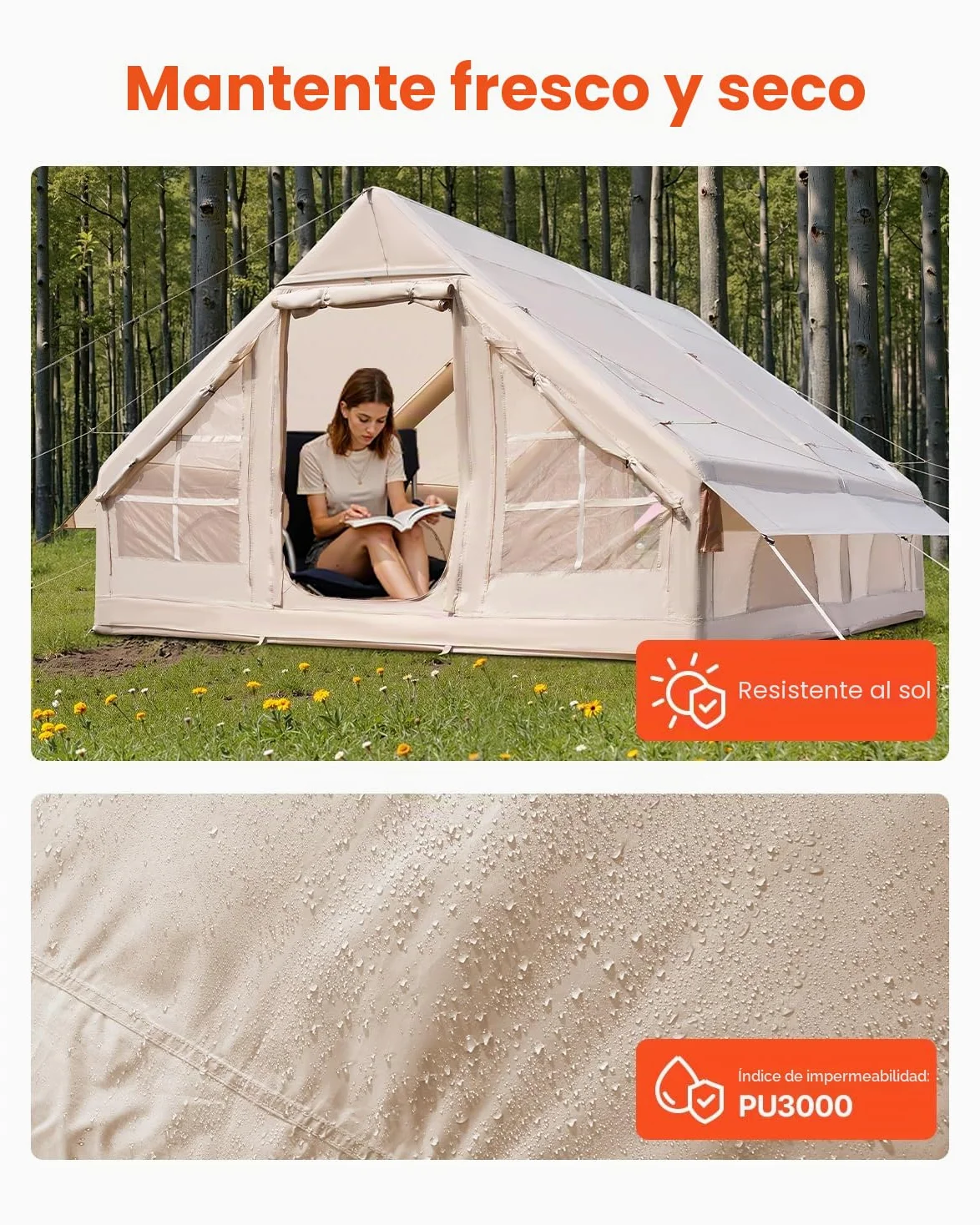 VEVOR Tienda Inflable para Acampar, Carpa Inflable de para Personas con Bomba Manual, Conector para Estufa, Puertas y Ventanas de Malla, Bolsa de Almacenamiento