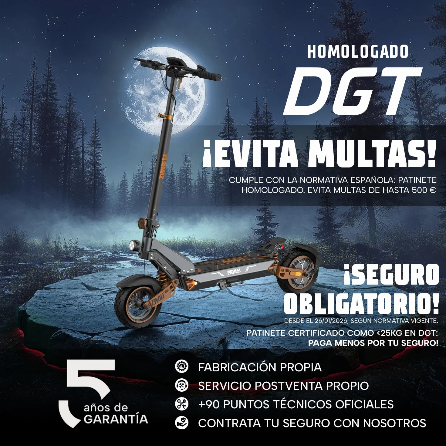 ZWHEEL ZWOLF | Patinete Eléctrico Adultos Homologado DGT - 500W-1000W MAX, 50-70km Autonomía, Geolocalización, Suspensión Híbrida Ajustable, Frenos Regeneradores AER - Ruedas 10" Offroad