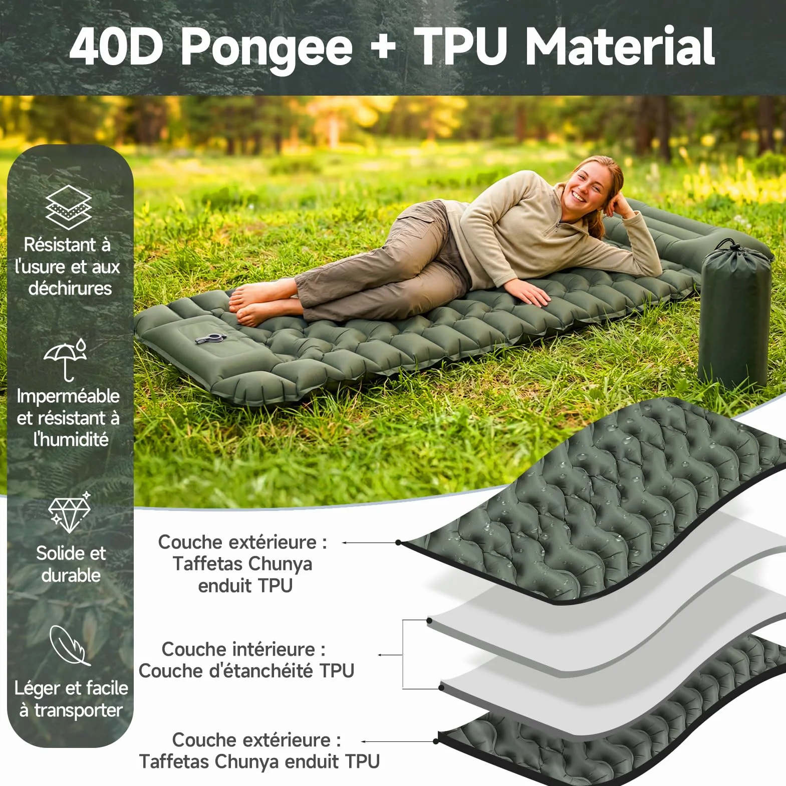 Colchoneta Hinchable de Camping Ultraligera y Extraancha (Tamaño XL), Colchoneta Aislante con Cojín Integrado y Bomba de Pie, 196x74x9 cm, TPU 40D, Portátil para Exteriores y Viajes (Verde Militar)