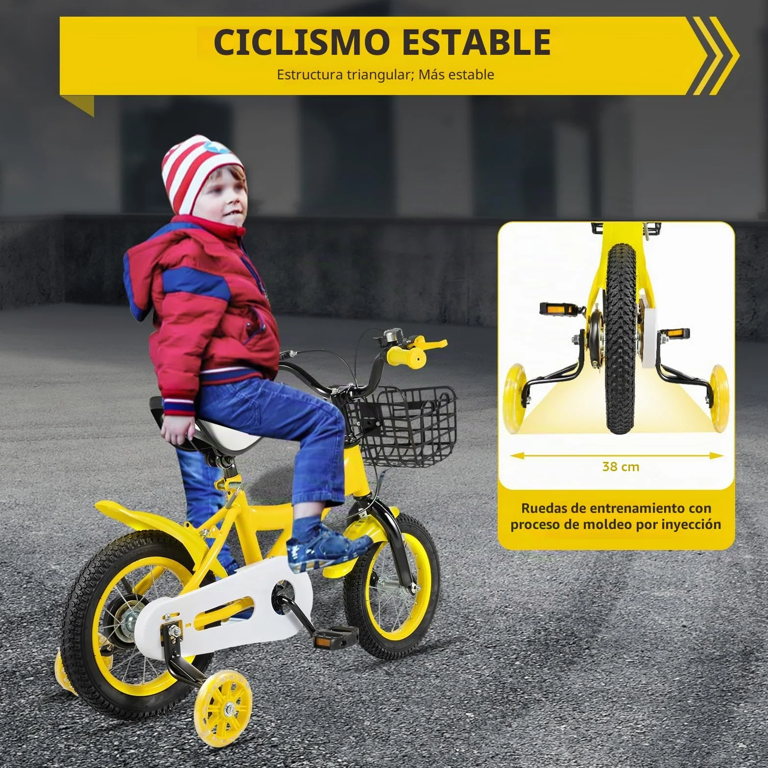 Bicicleta infantil 12 pulgadas con ruedas estabilizadoras y cesta ajustable