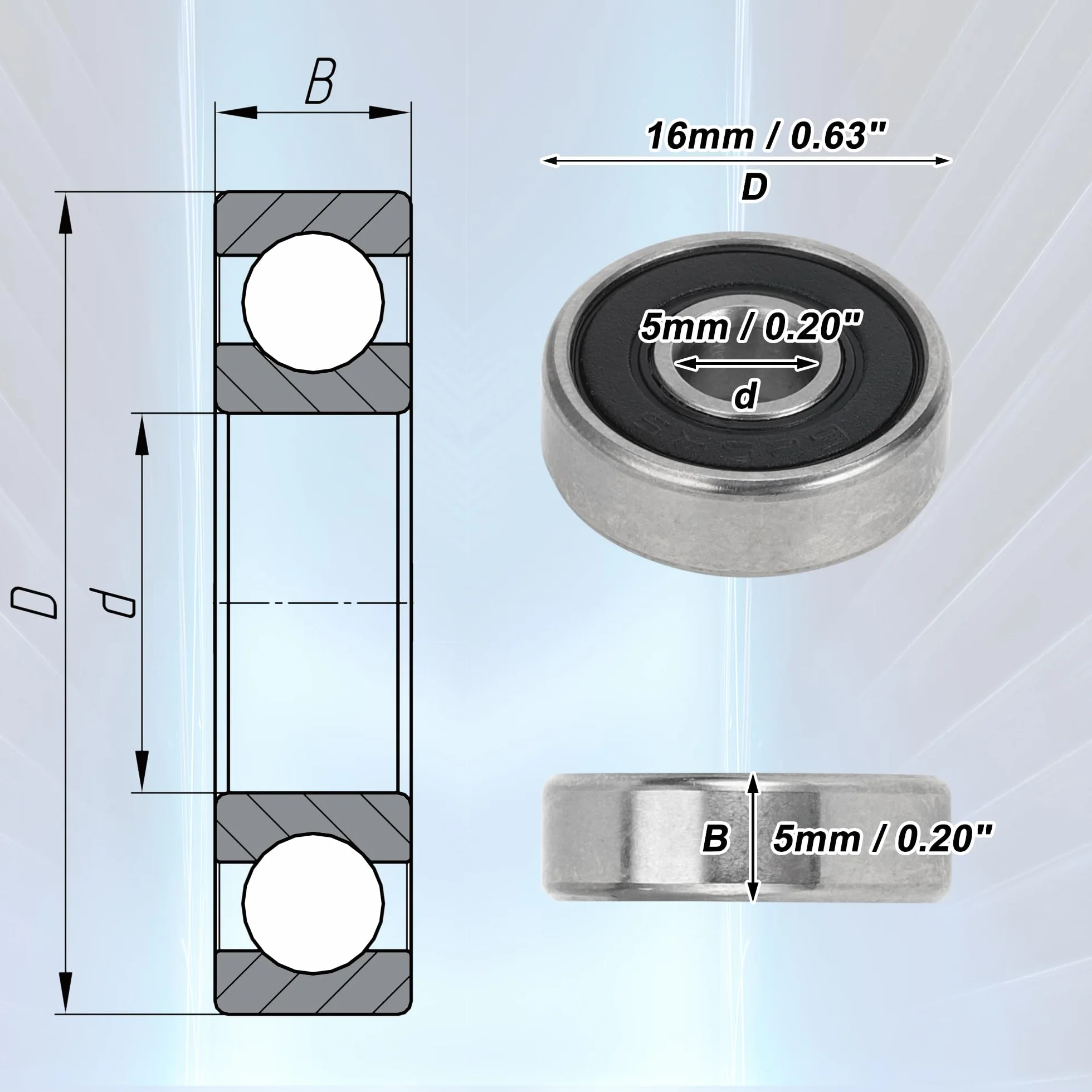 A ABSOPRO Rodamientos de bolas de ranura profunda P5, rodamientos lubricados, sello de goma, color negro y plateado, para patinete y monopatín. 5x16x5mm 625-rs