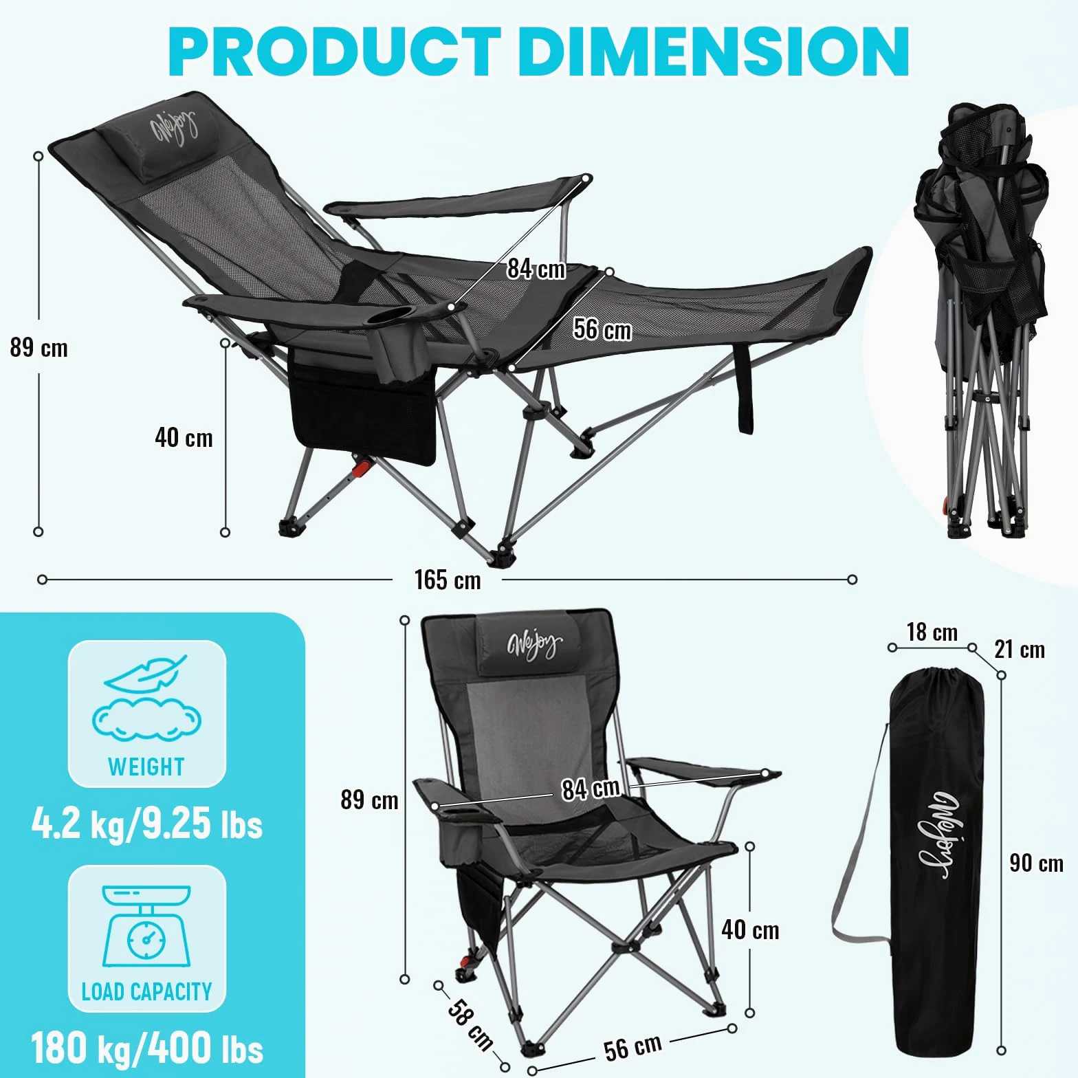 #WEJOY Silla de camping plegable 2 en 1, 180 kg, con reposapiés, silla de playa con respaldo ajustable en 4 posiciones, sillón de relax con soporte para bebidas, tumbona para exteriores, camping