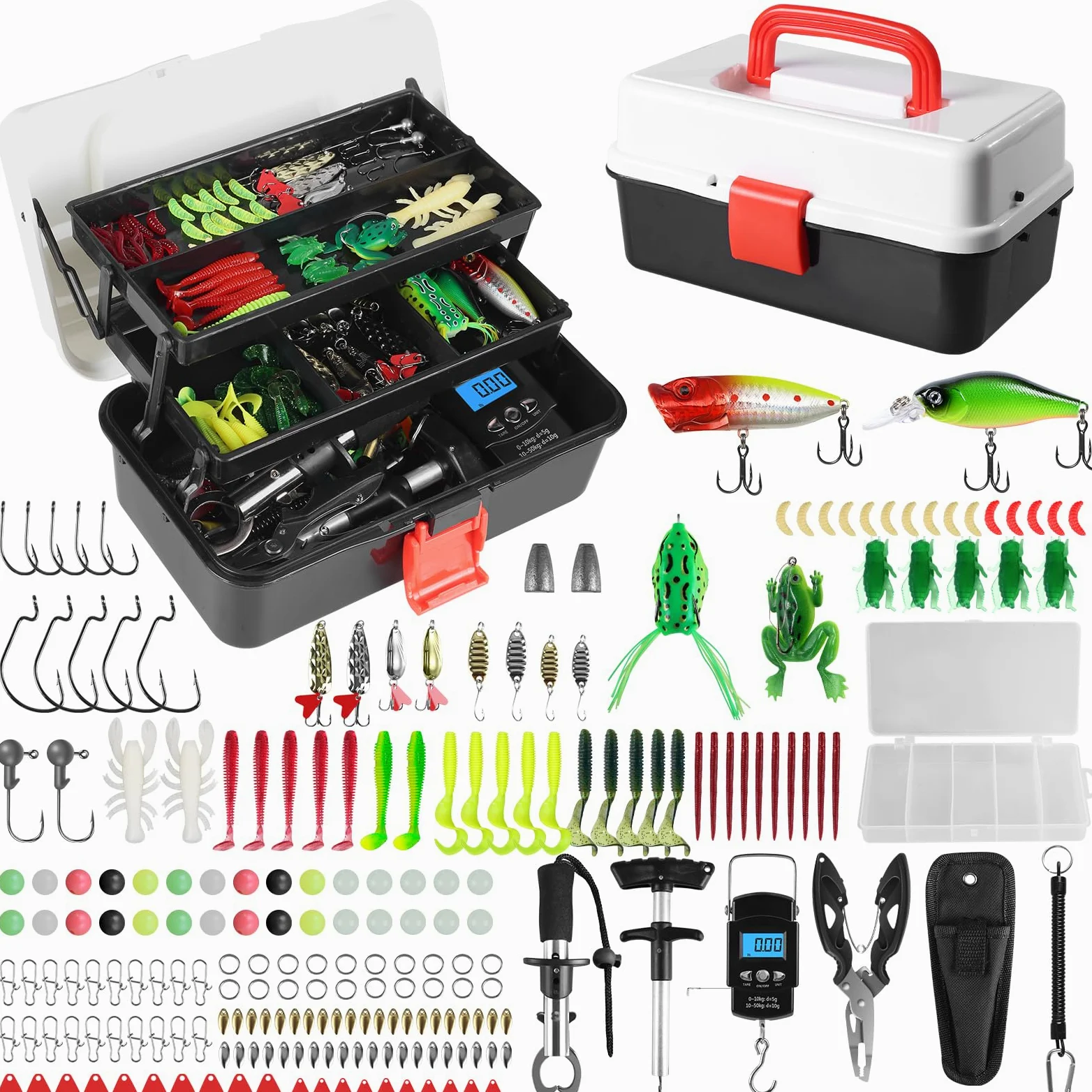 Juego de señuelos de pesca, maletín de 3 estantes con accesorios, juego de pesca con cebo para trucha, perca, pesos de plomo, ganchos, pinzas de pesca, accesorios de pesca para principiantes