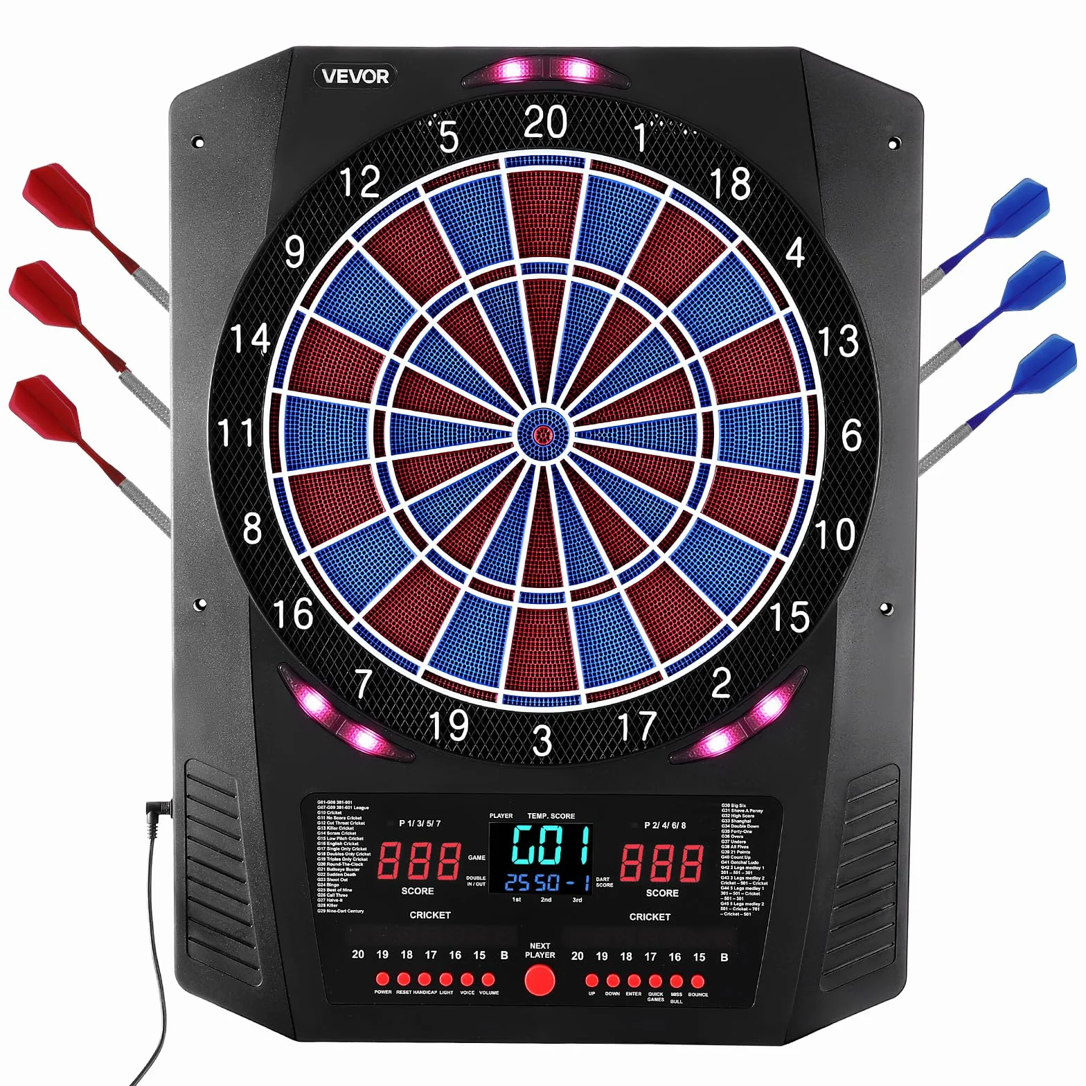 VEVOR Diana Electrónica 342,9 mm, con 45 Juegos y 474 Variantes para hasta 8 Jugadores, PP y ABS, 6 Ejes de Dardos con Plumas y 50 Puntas de Dardos de Repuesto, Pantalla LED de Color para Críquet