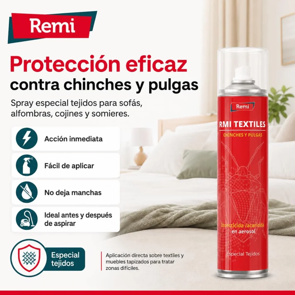 Remi Hogar Spray Anti Chinches y Pulgas Insecticida Aerosol Repelente Especial Tejidos