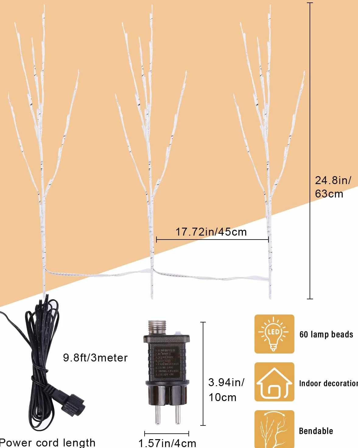 Kinamy Juego de 3 Ramas de Luz LED 60 LED 8 Modos Luces Arbol Navidad Control Remoto Temporizador