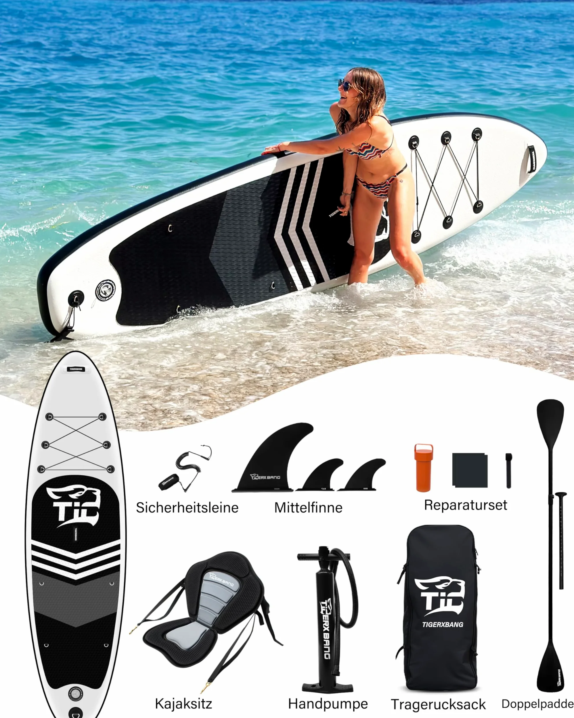 TIGERXBANG Tabla hinchable de surf de remo de 320 x 82 x 15 cm, Black Tiger Collection SUP con asiento de kayak, doble remo y accesorios, juego completo para adultos y niños