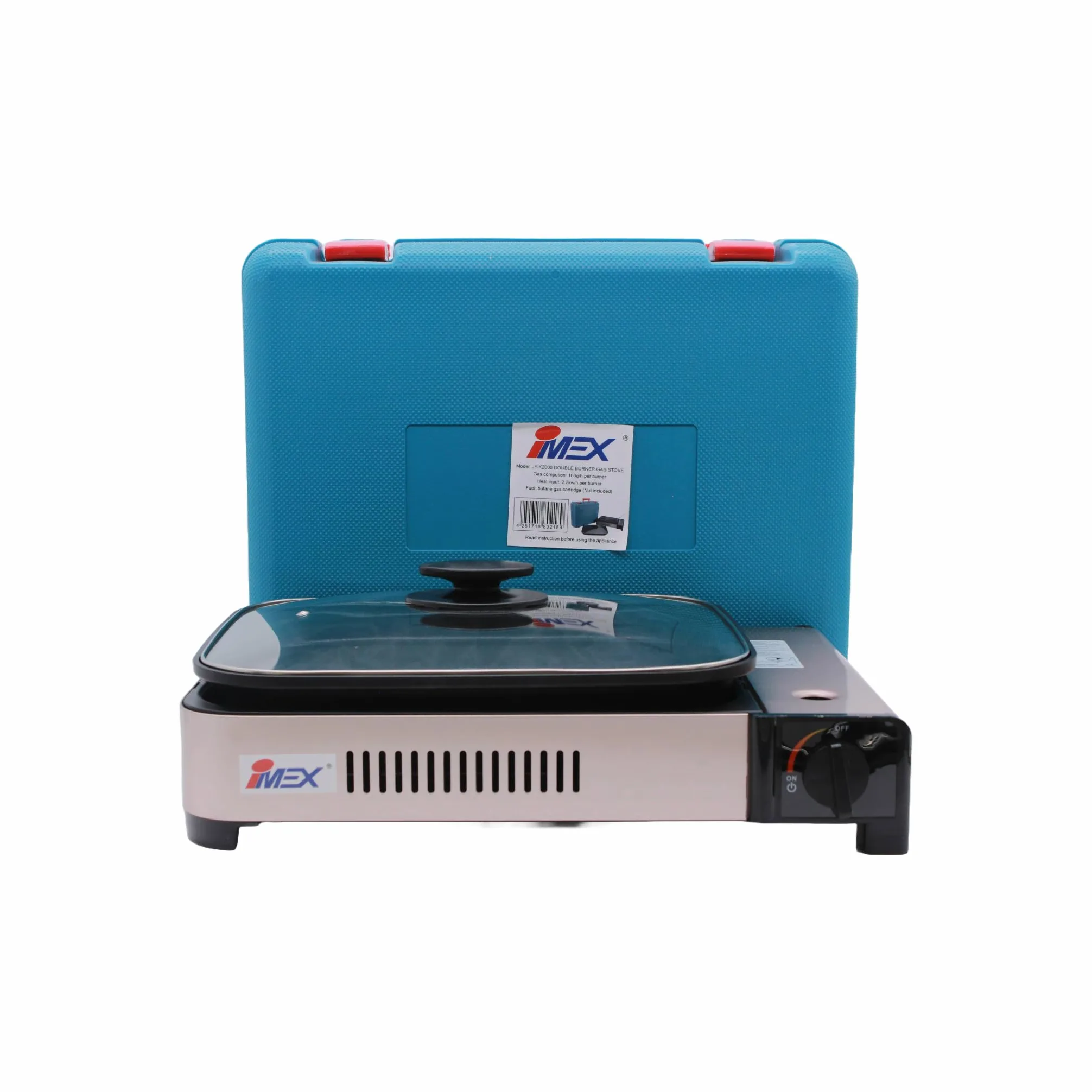 IMEX Hornillo de gas 2 en 1 y parrilla de gas, incluye parrilla, sartén, tapa de cristal y maletín, hornillo de camping para interior y exterior, hornillo de gas de camping múltiple