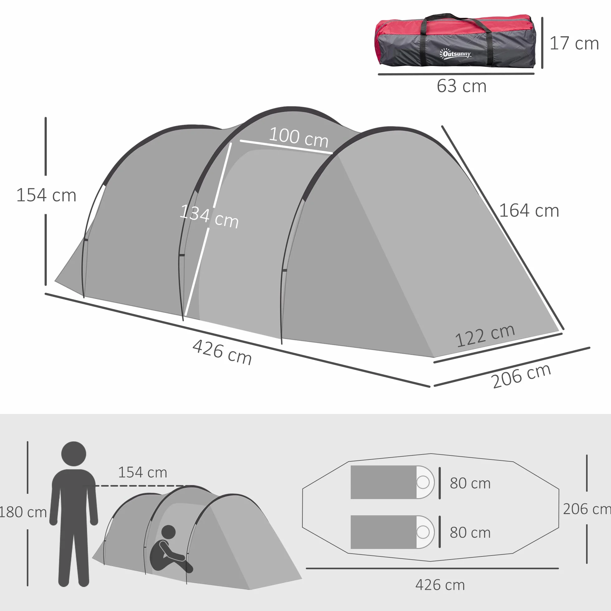 Outsunny Tienda de Campaña Familiar Tipo Túnel 2-3 Personas Plegable Impermeable 2000+ mm a Prueba de UV 20+ Ligero con Vestíbulo y 4 Estaciones para Camping Senderismo 426x206x154 cm