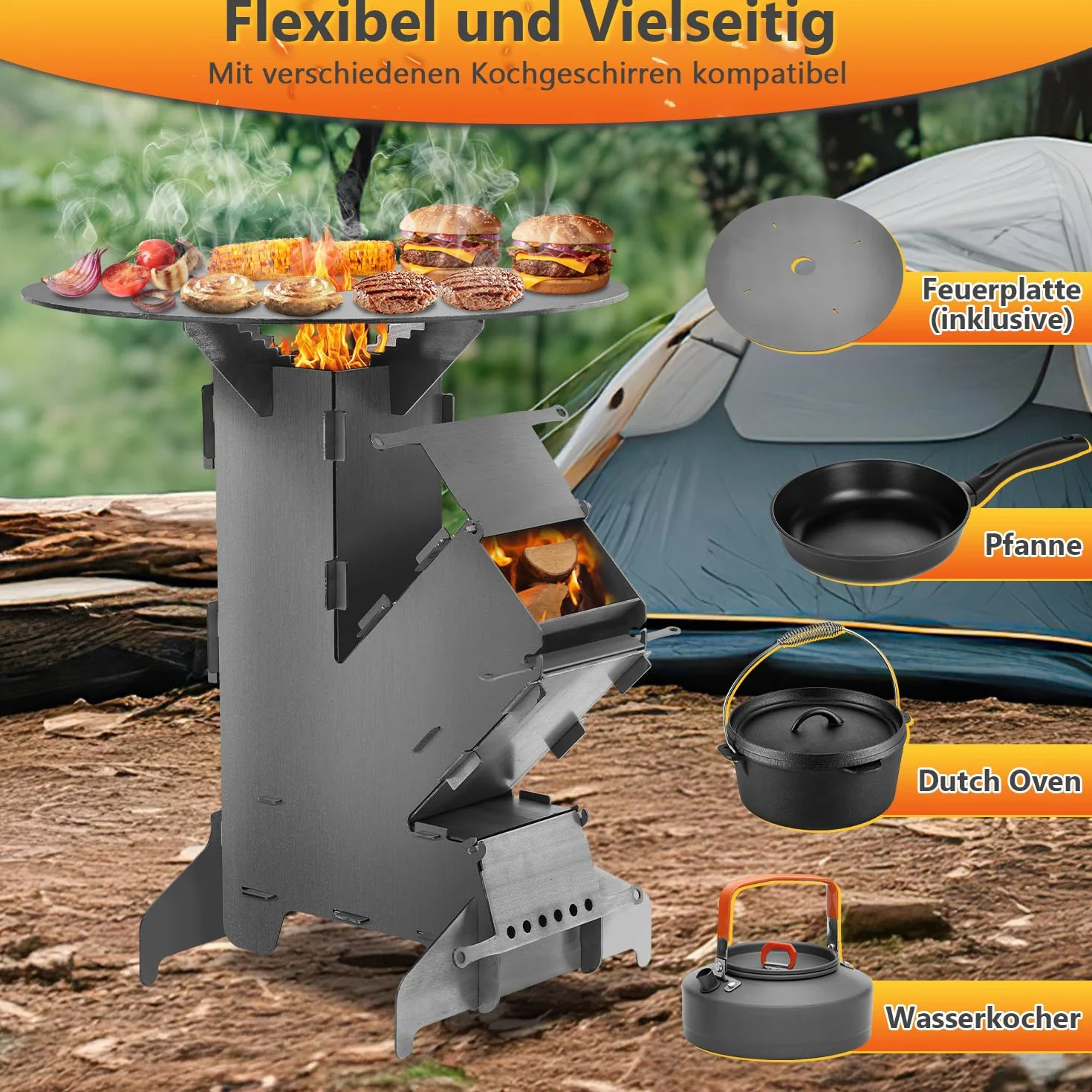 Eulenke Horno de cohetes con placa de parrilla y gancho para fuego, sistema de conexión Rocket Stove de acero de 3 mm de grosor, estufa de cohetes, estufa de leña, estufa de camping, estufa de cañón