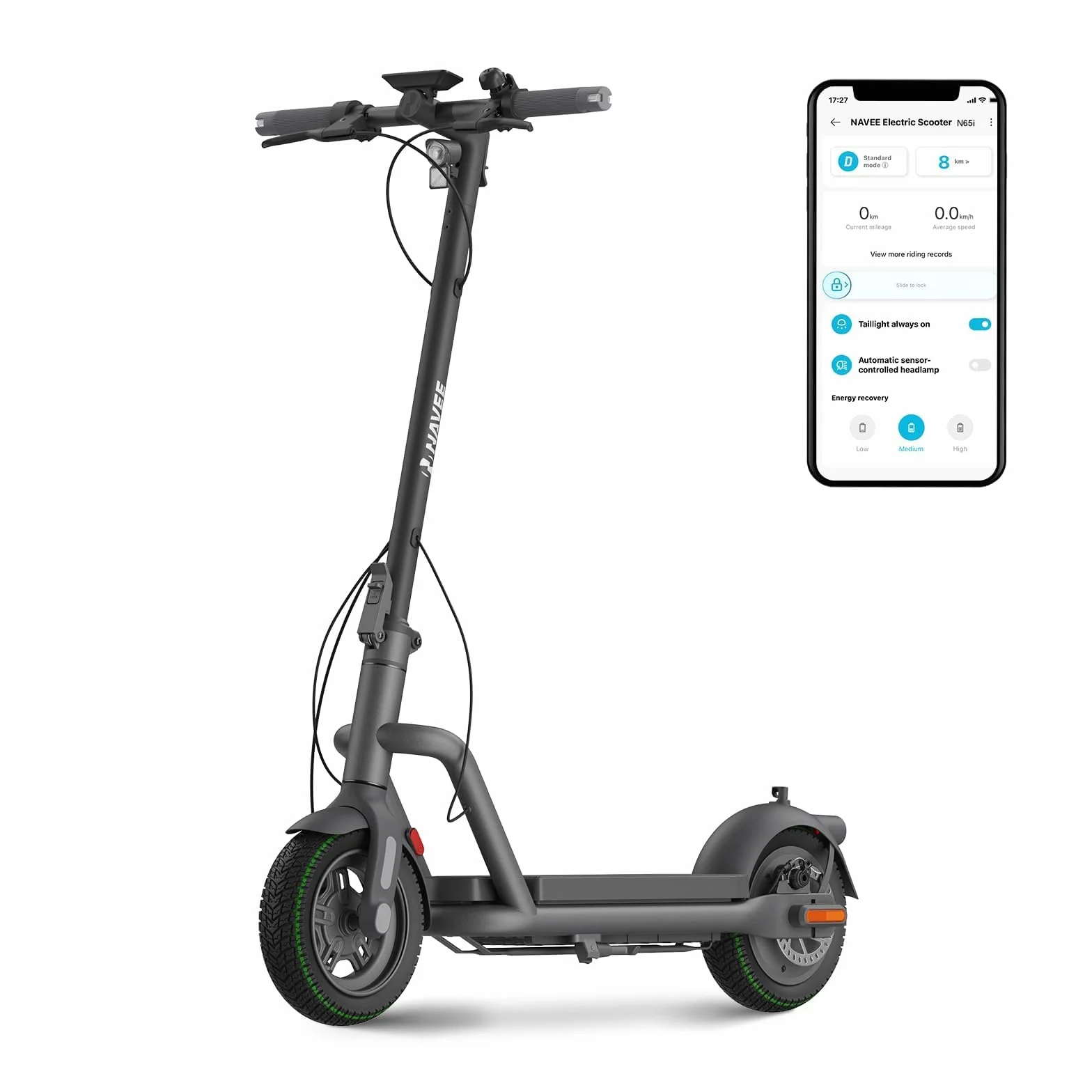 NAVEE Patinete Eléctrico Homologado DGT, 25-90km Autonomía, Máx 25km/h, Frenos Tambor y Disco con E-ABS, Intermitentes, TCS, App Móvil, Pendiente 15-28%