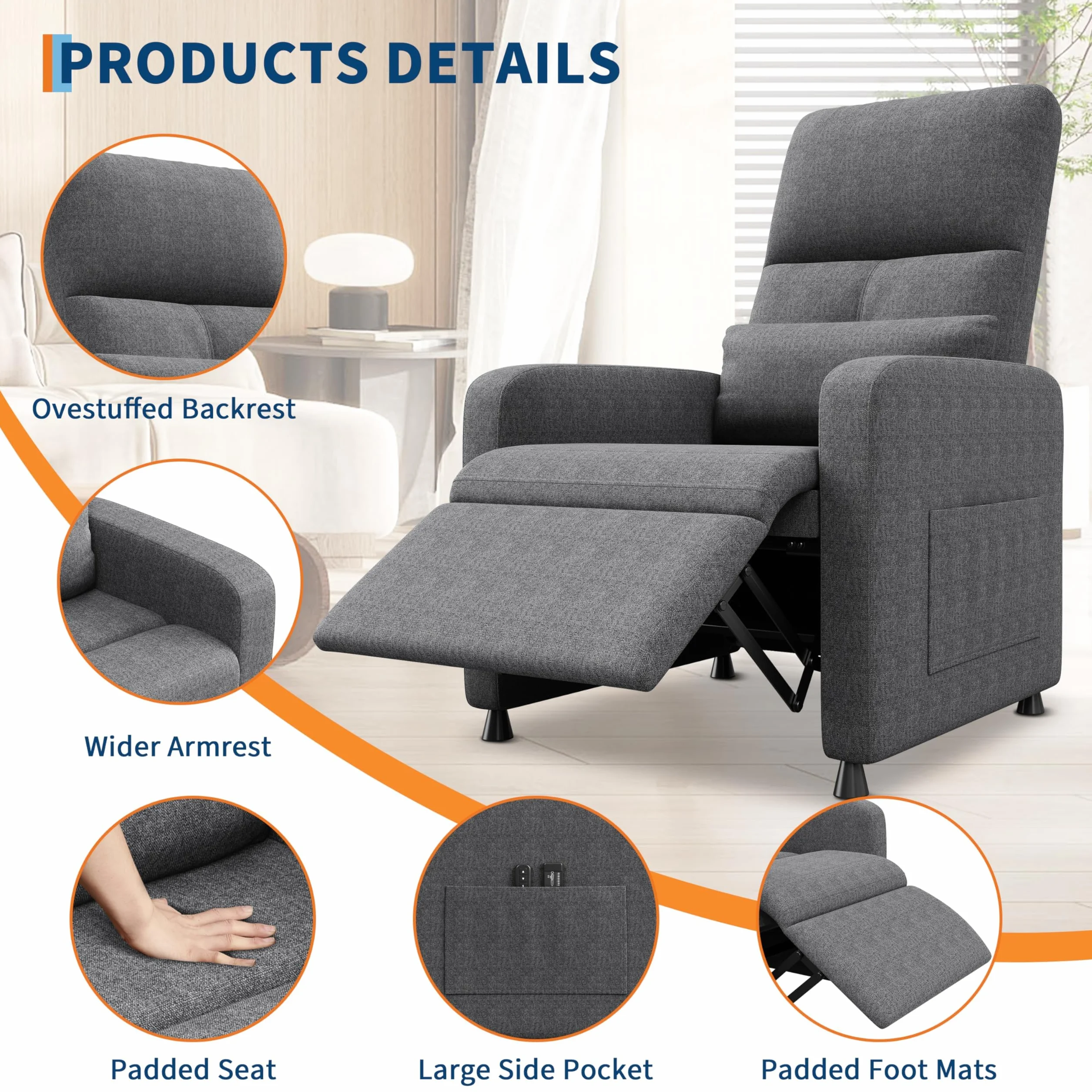 Sillón Eléctrico Reclinable con Masaje y Calor, Asiento de Lino, Respaldo y Reposapiés Ajustables 165°, Puerto USB, Soporte Lumbar