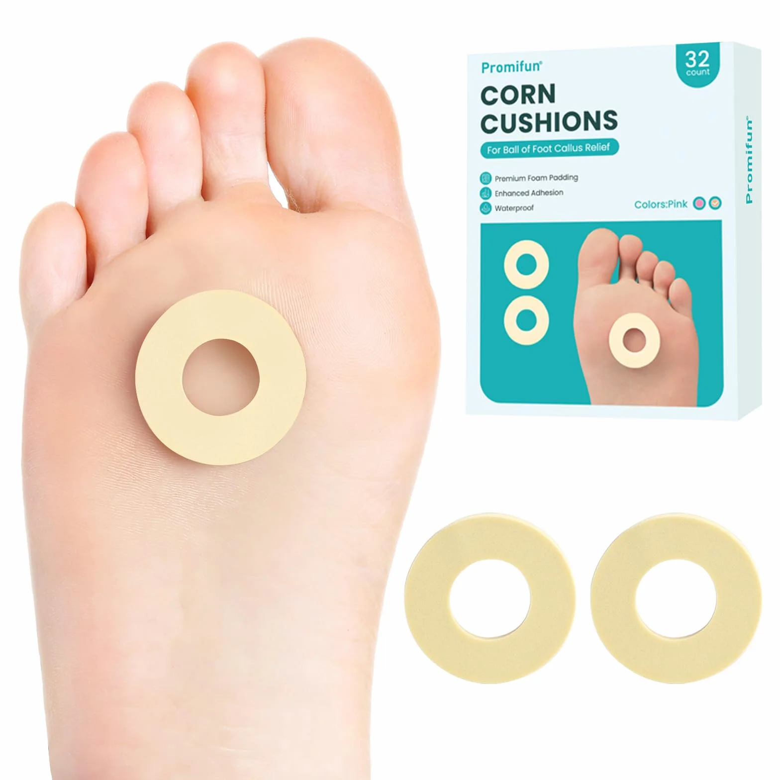 Promifun Protectores Plantares 32 Parches de Espuma Redondos Alivio Presión Rozaduras Callos Ampollas Beige
