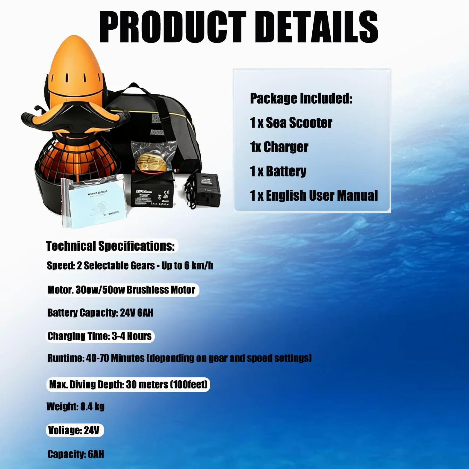 Patinete eléctrico subacuático de 300W/500W,Vehículo Submarino propulsión | Buceo Sea Scooter, Scooter subacuático Inteligente Equipo de Piscina de Aventuras