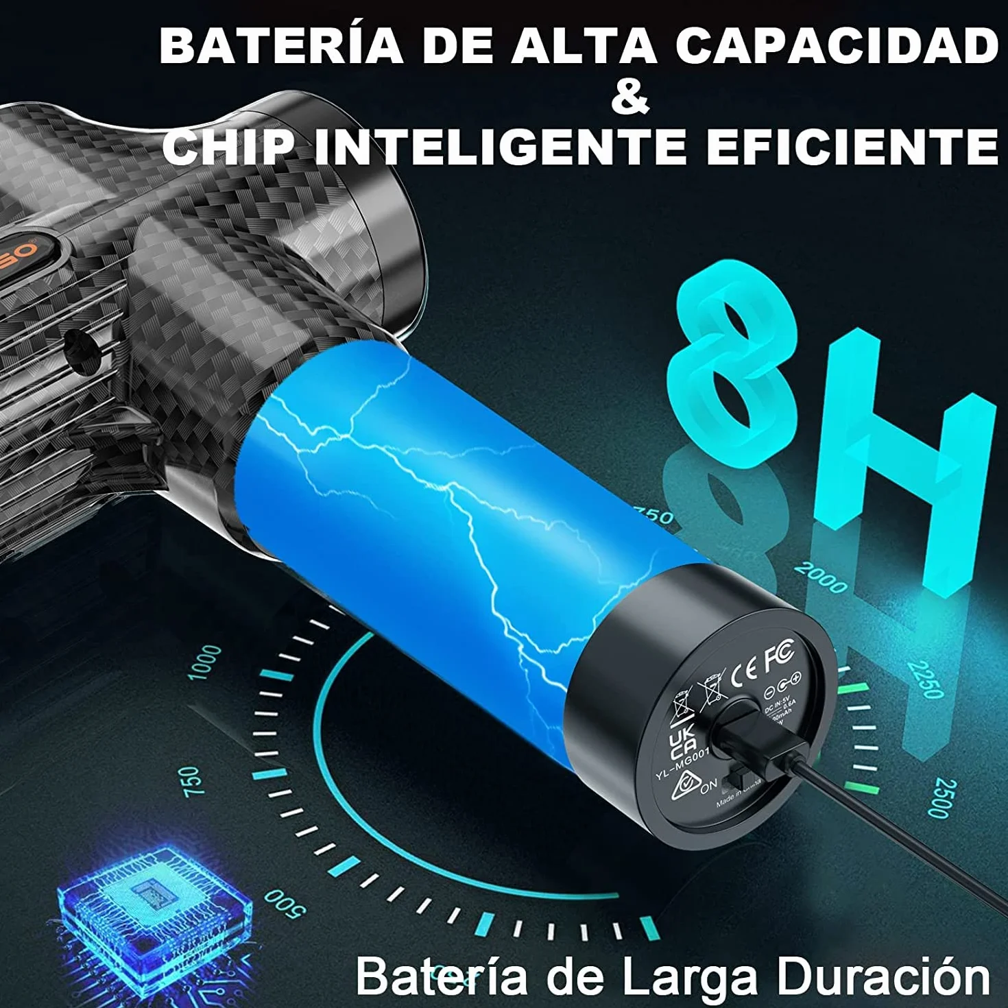 Pistola de Masaje Muscular Eléctrica 30 Velocidades 8 Cabezales Pantalla LCD Táctil Negro