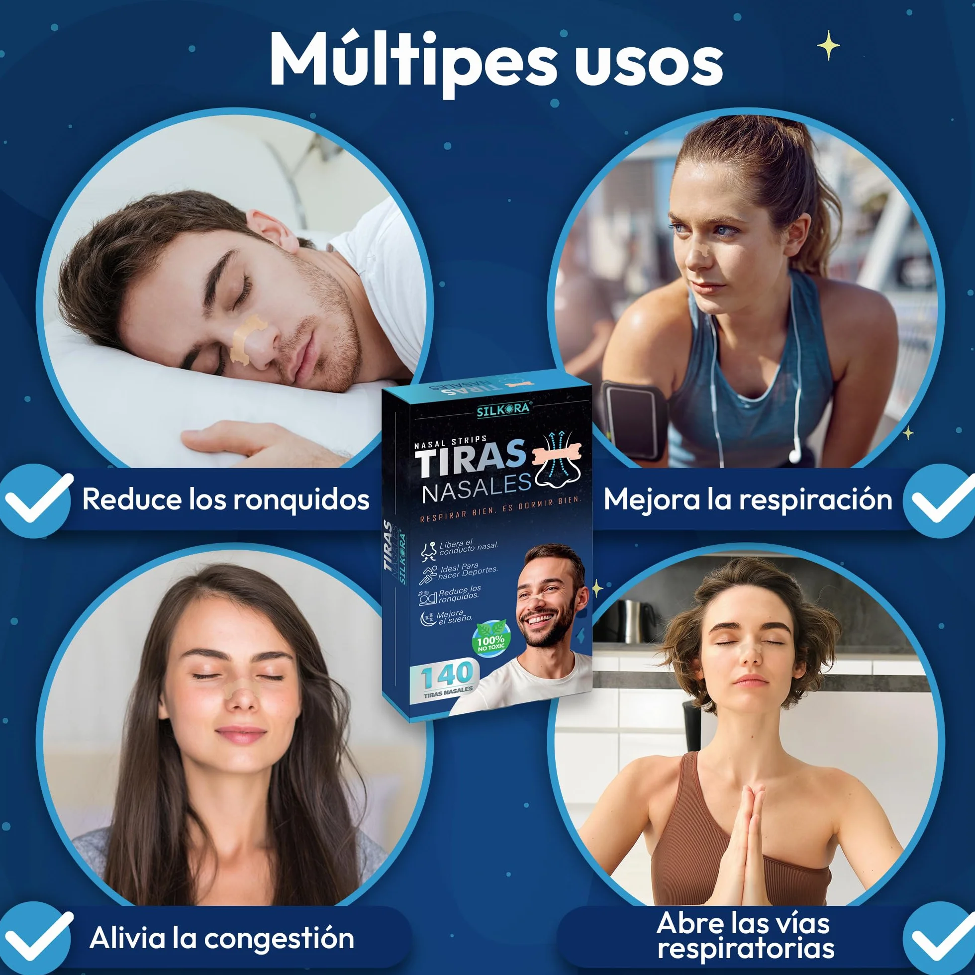 SILKORA® Premium Tiras Nasales Antirronquidos Alivian Congestión Nasal Nose Strips Breathe Right
