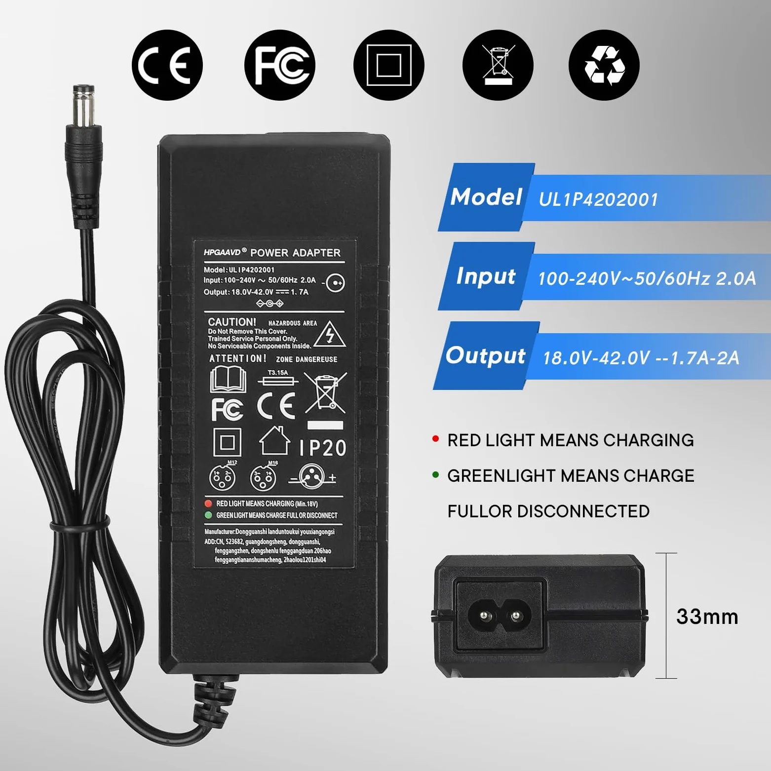 Cargador Patinete Electrico，42V 2A Cargador Patinete Xiaomi，36V Carrgador Universal baterías Litio con 3 Conectores，Carga rápida para Hoverboard,E-Bike,Scooter+2L Bolsa Impermeable