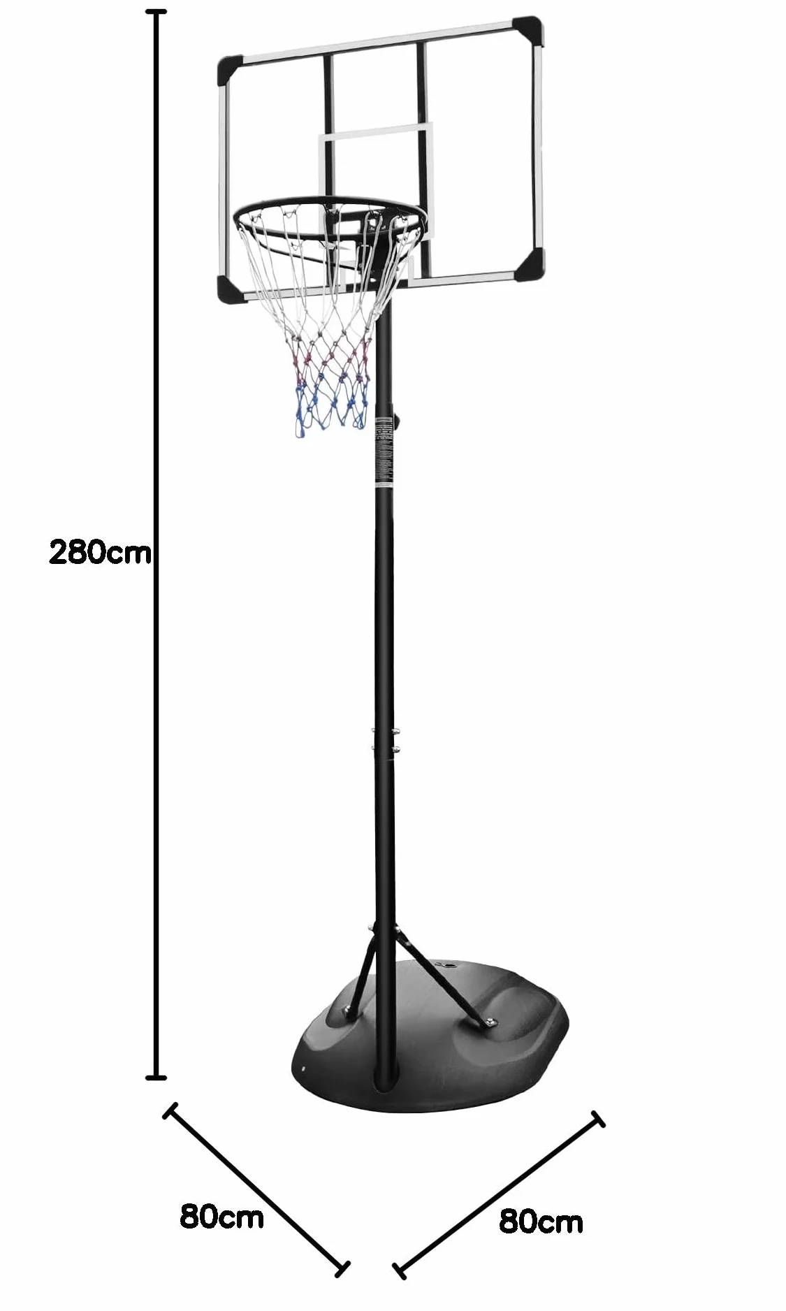 Sistema de aro de baloncesto portátil de altura ajustable 7-9 pies tablero transparente 32 pulgadas ruedas interiores exteriores 230-280 cm