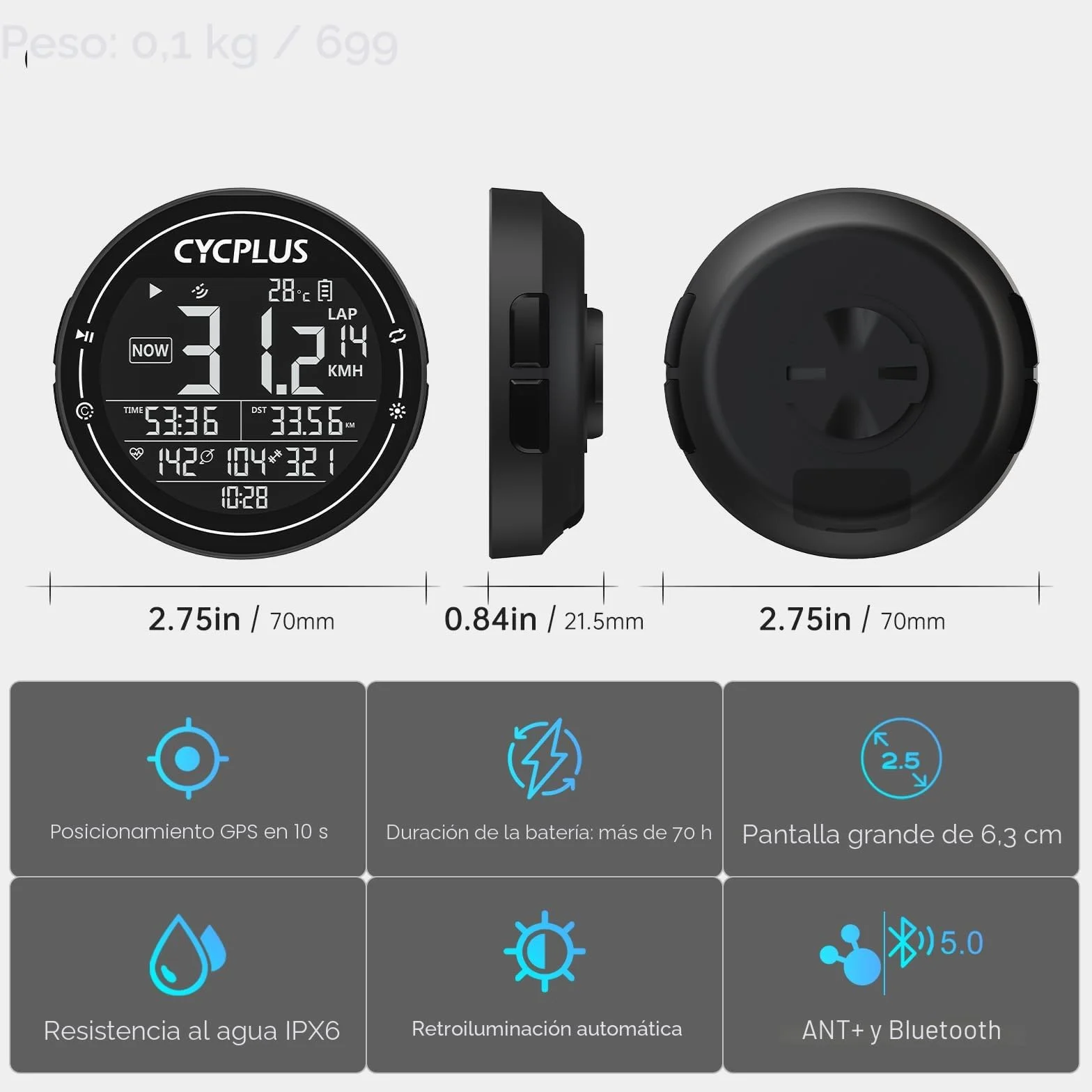 CYCPLUS Ordenador de Bicicleta GPS, Ordenador de Bicicleta inalámbrico, Resistente al Agua, IPX6, velocímetro Ant+, Ordenador de Bicicleta inalámbrico,Bluetooth, Compatible con Strava