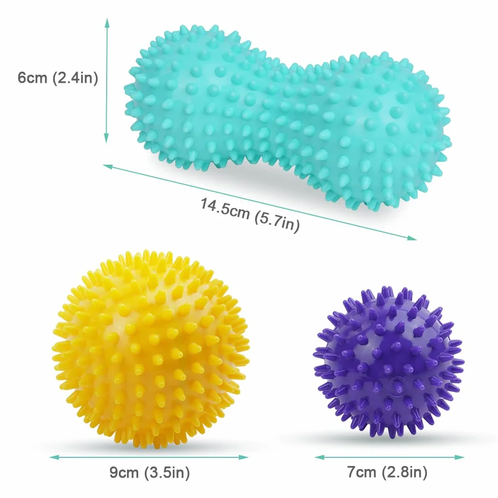 Bolas Masaje 3 Piezas Pelota Masaje Muscular con Pinchos Masajeador Rehabilitación Fascitis Plantar Fisioterapia Cervicales Morado