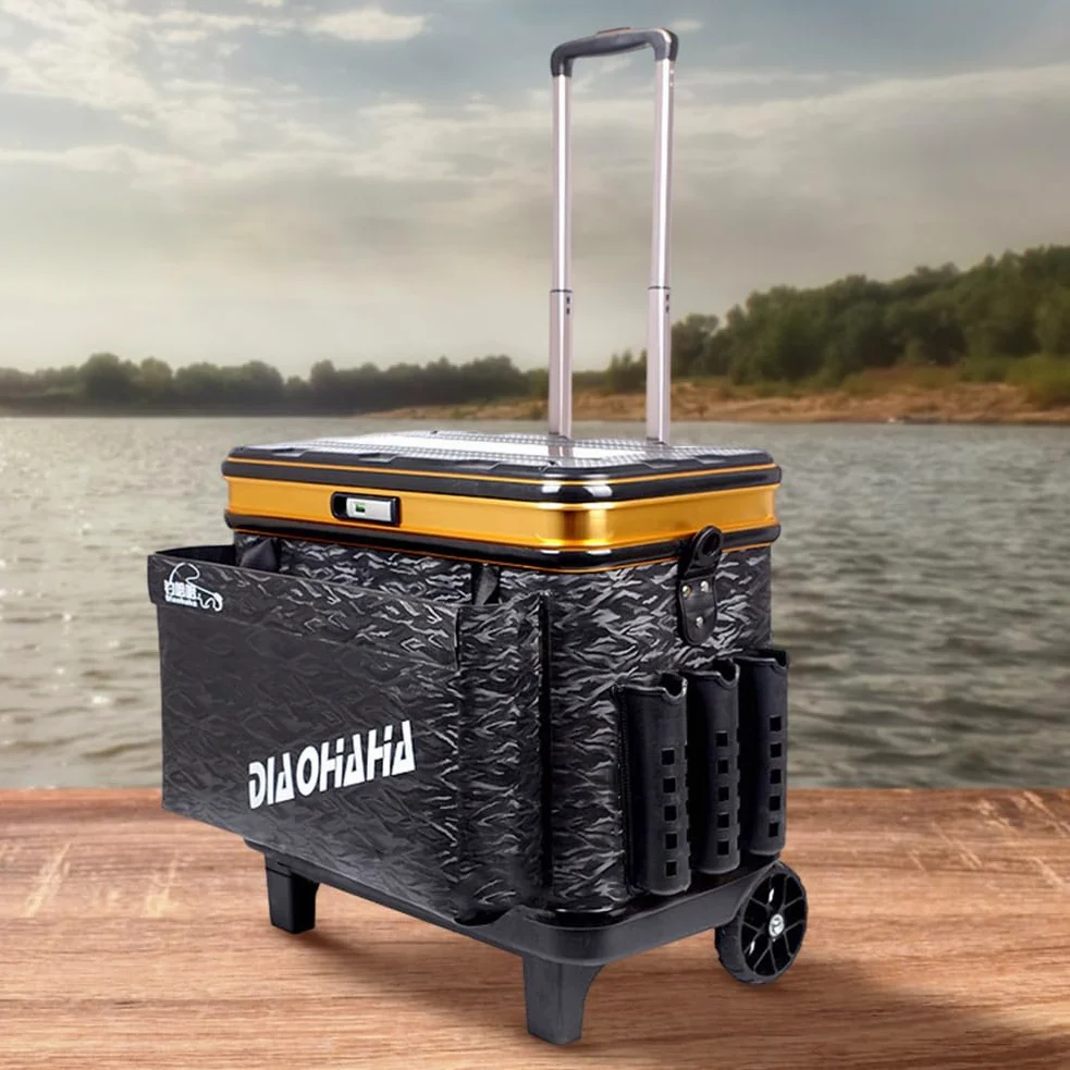 Caja de aparejos de pesca con ruedas, multifuncional, caja de anzuelos de pesca, alta capacidad, ajustable, duradera para artes de pesca