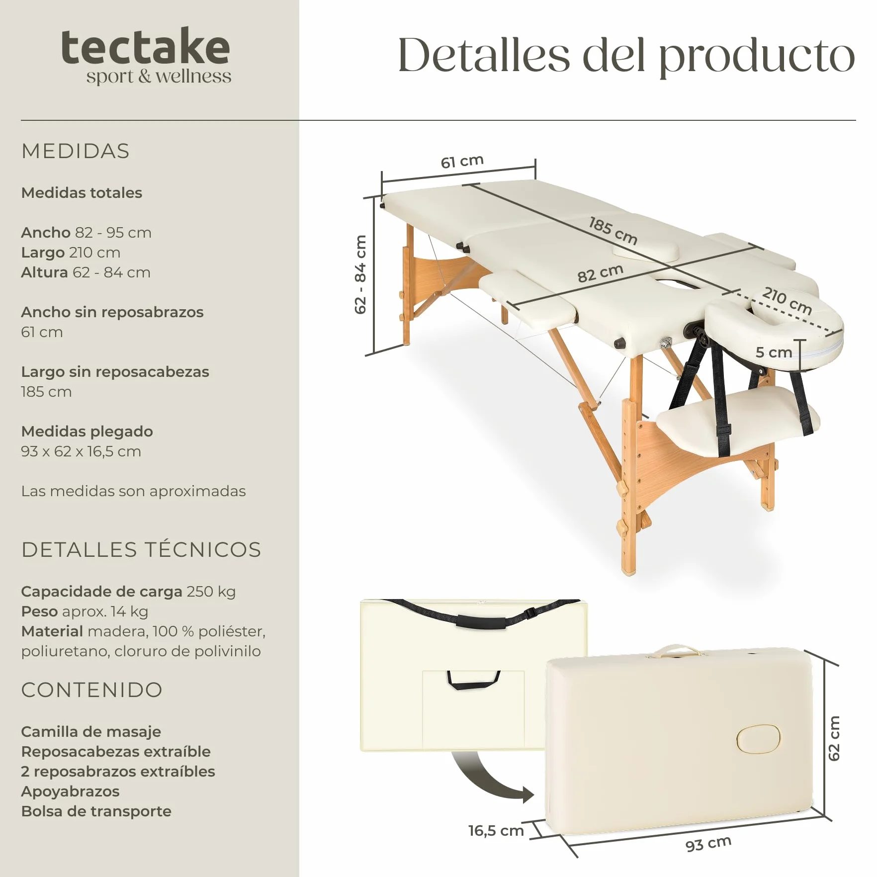 Camilla Masaje Plegable Profesional de Aluminio para Fisioterapia, Quiromasaje, Tatuajes, Reiki, Altura Ajustable, 2 Zonas, con Bolsa Transporte - Beige