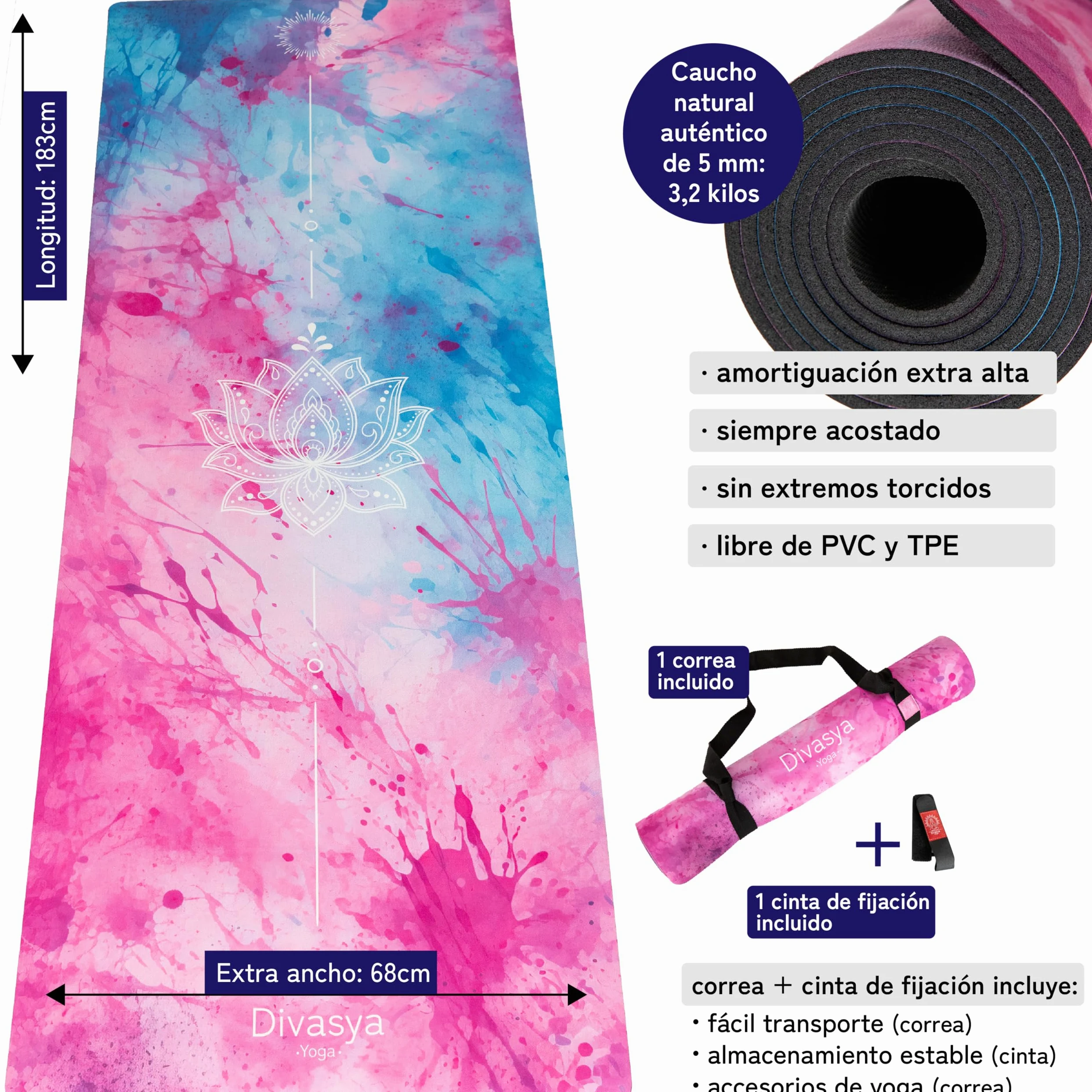 Esterilla de yoga sostenible y antideslizante: caucho natural antideslizante y superficie de microfibra absorbente, extra ancha y gruesa 183 x 68 x 0,5 cm, correa de transporte