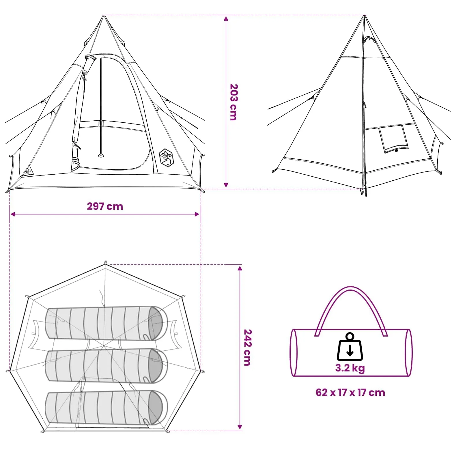 vidaXL Tipi tienda de campaña impermeable para 3 personas, azul, moderna Tipi, resistente al agua para 3 personas, para exteriores, accesorio funcional para acampar con ventana, fácil instalación