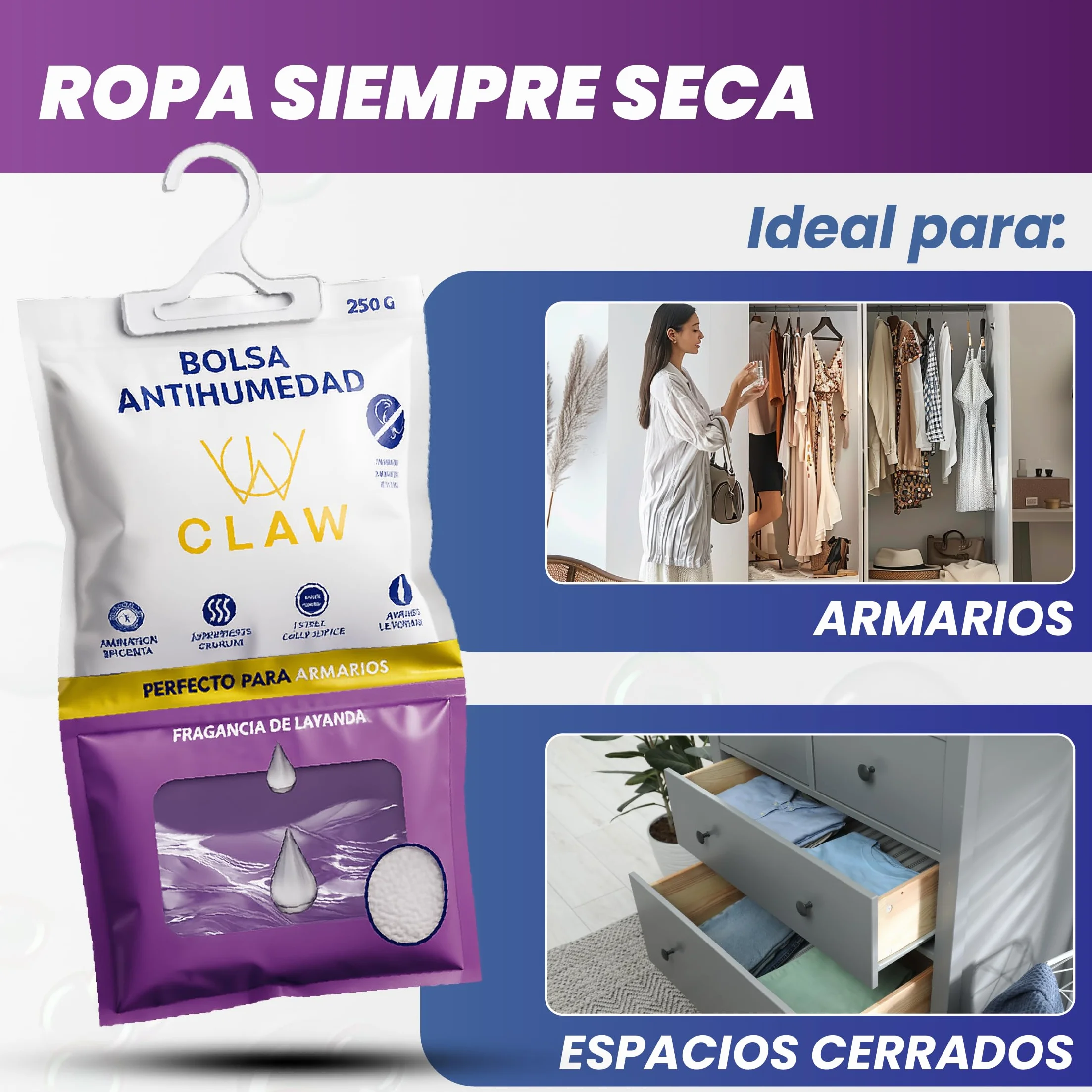 Bolsas Antihumedad 3KG Armario Ropa – Deshumificador Colgante con Fragacia de Lavanda