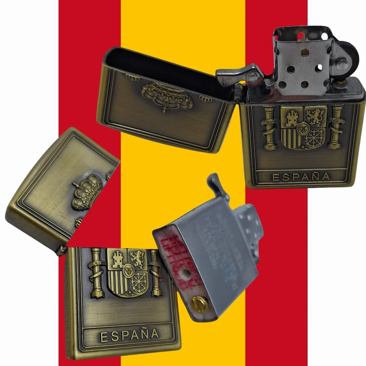 Mechero Recargable Dorado Escudo España Escena Taurina Cajita Madera Bandera España