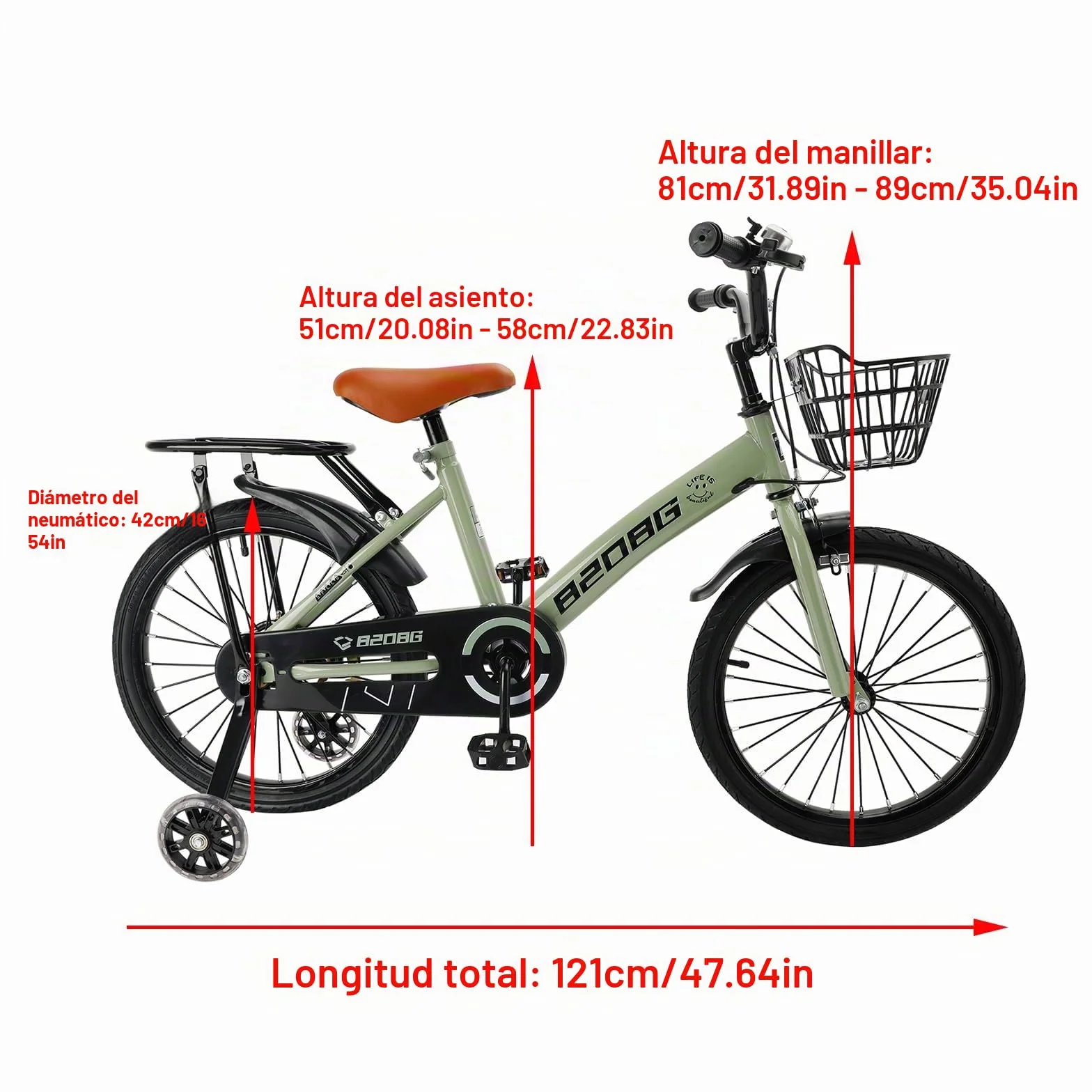 Bicicleta infantil 18 pulgadas marco acero carbono asiento manillar ajustables frenos dobles ruedines cesta desmontable