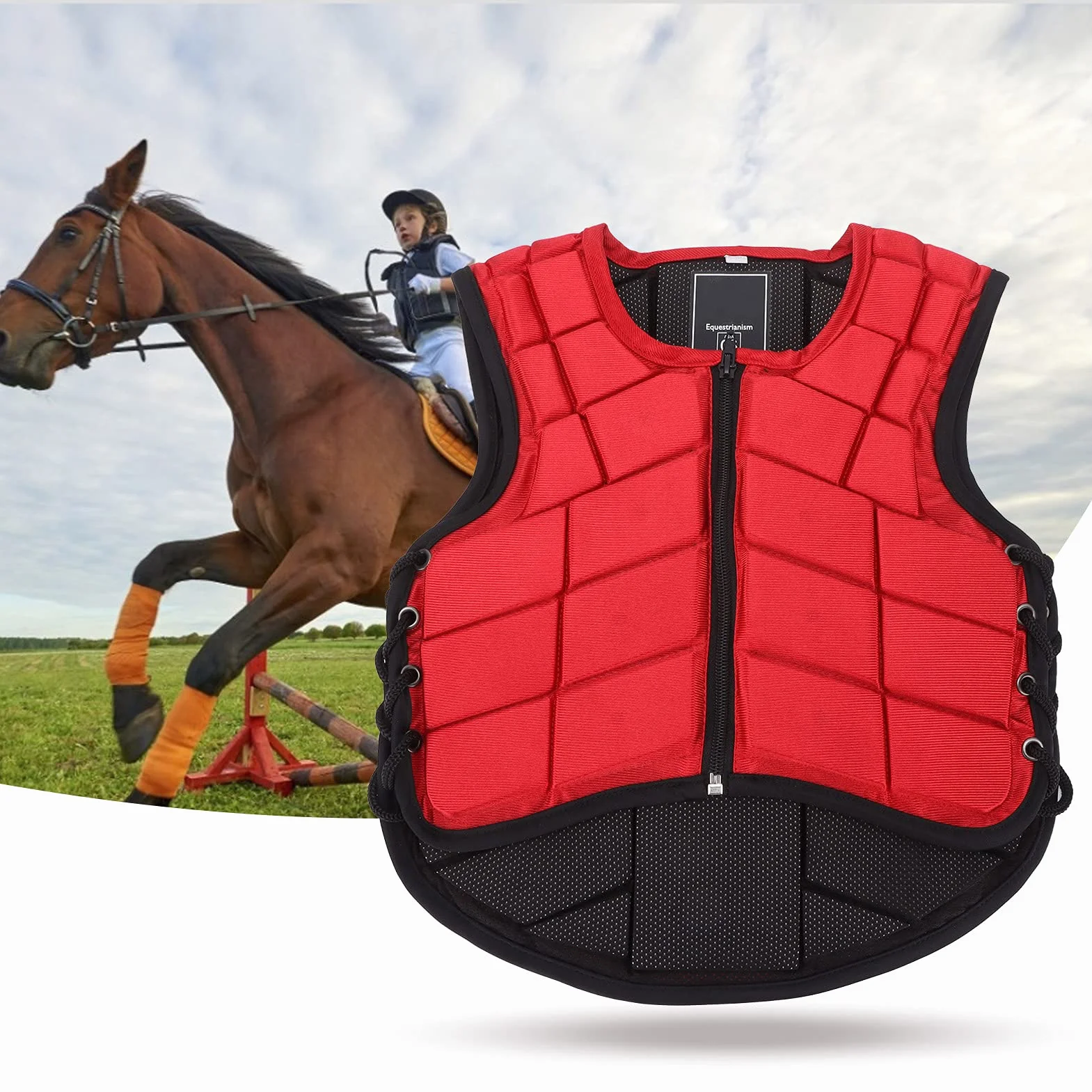 RiToEasysports Chaleco Ecuestre para Niños, Chaleco Ecuestre de Seguridad para Montar a Caballo, Diseño Lateral Ajustable, Chaleco Protector de Cuerpo Ecuestre Acolchado de Espuma, Rojo para