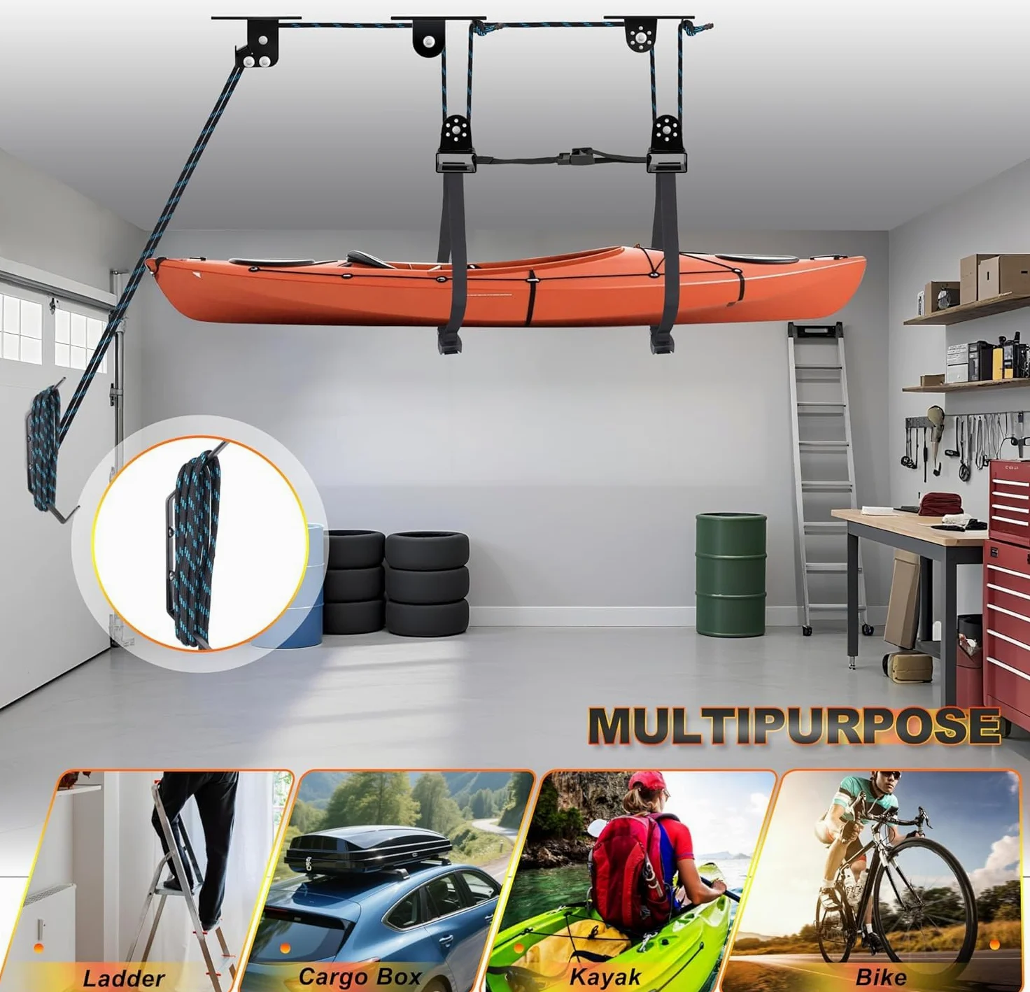 BOOSTEADY Elevador de kayak para techo de garaje, sistema de polea de kayak resistente, soporta hasta 150 libras de capacidad, sistema de elevación de almacenamiento de garaje para techos de 10 a 14