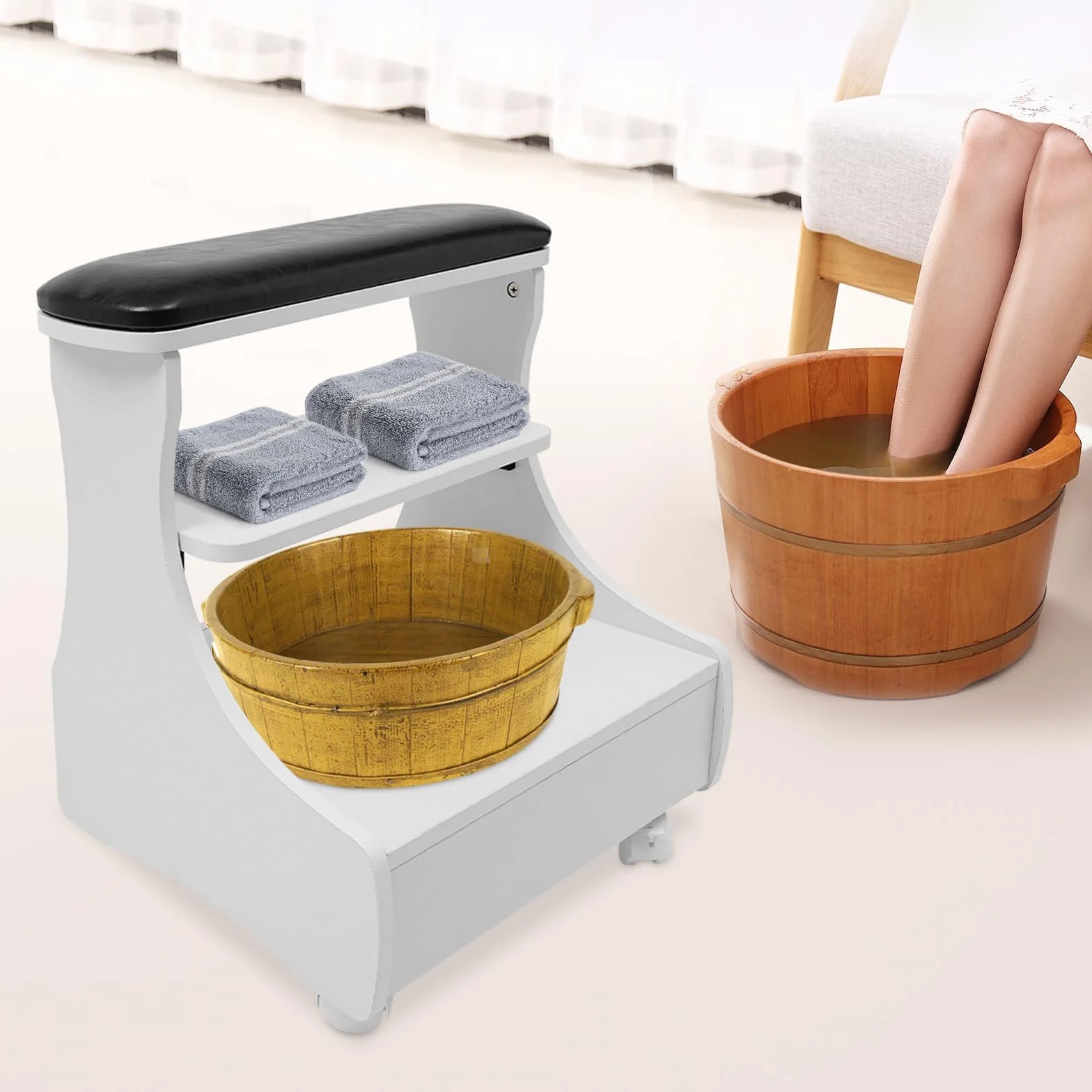Taburete Reposapiés Pedicura Manicura Salón Belleza Uñas Negro