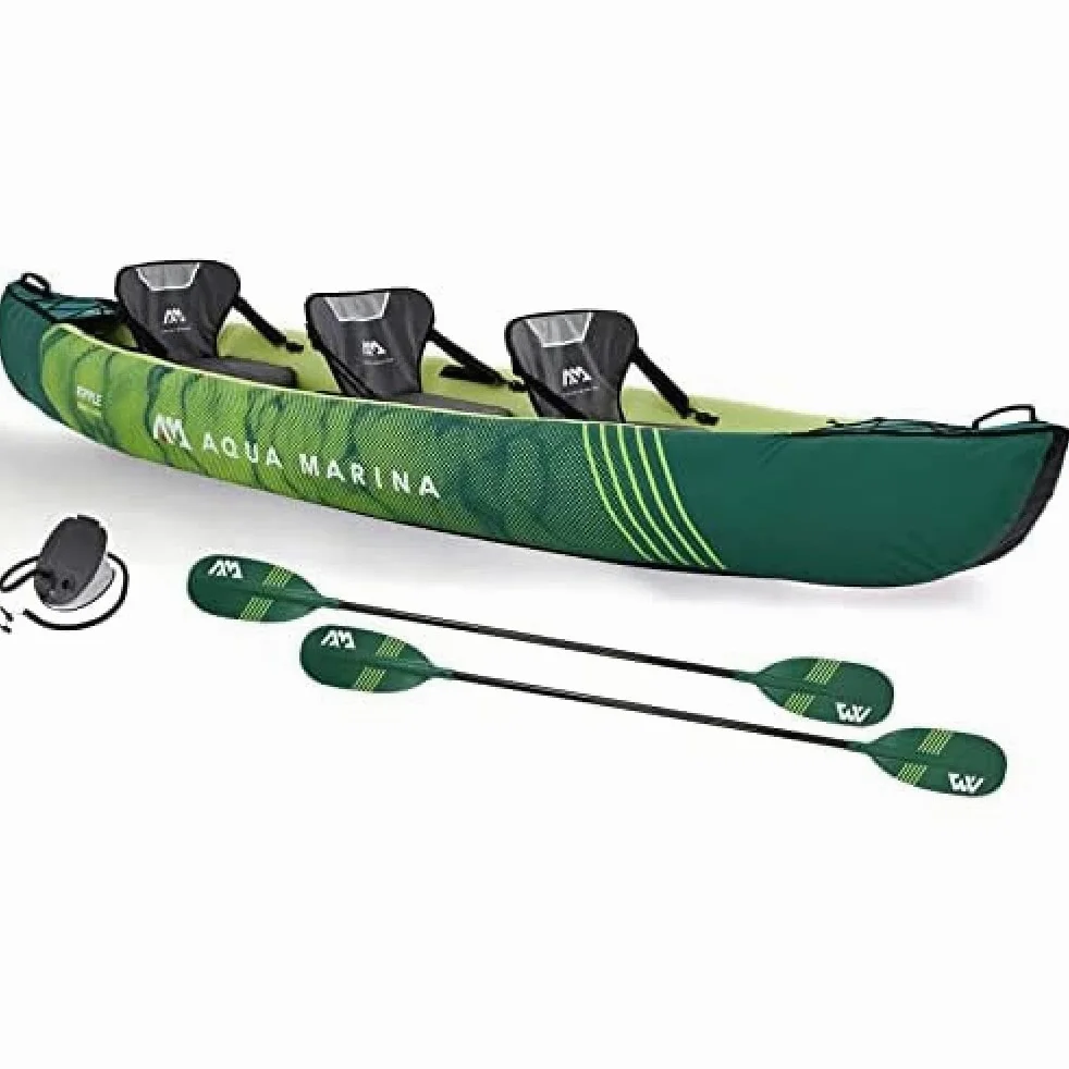 Aqua Marina Am Kayak de Ocio Inflable para 3 Personas Ripple-370 Verde Set Todo Incluido, Línea de flotación Larga para un Seguimiento óptimo
