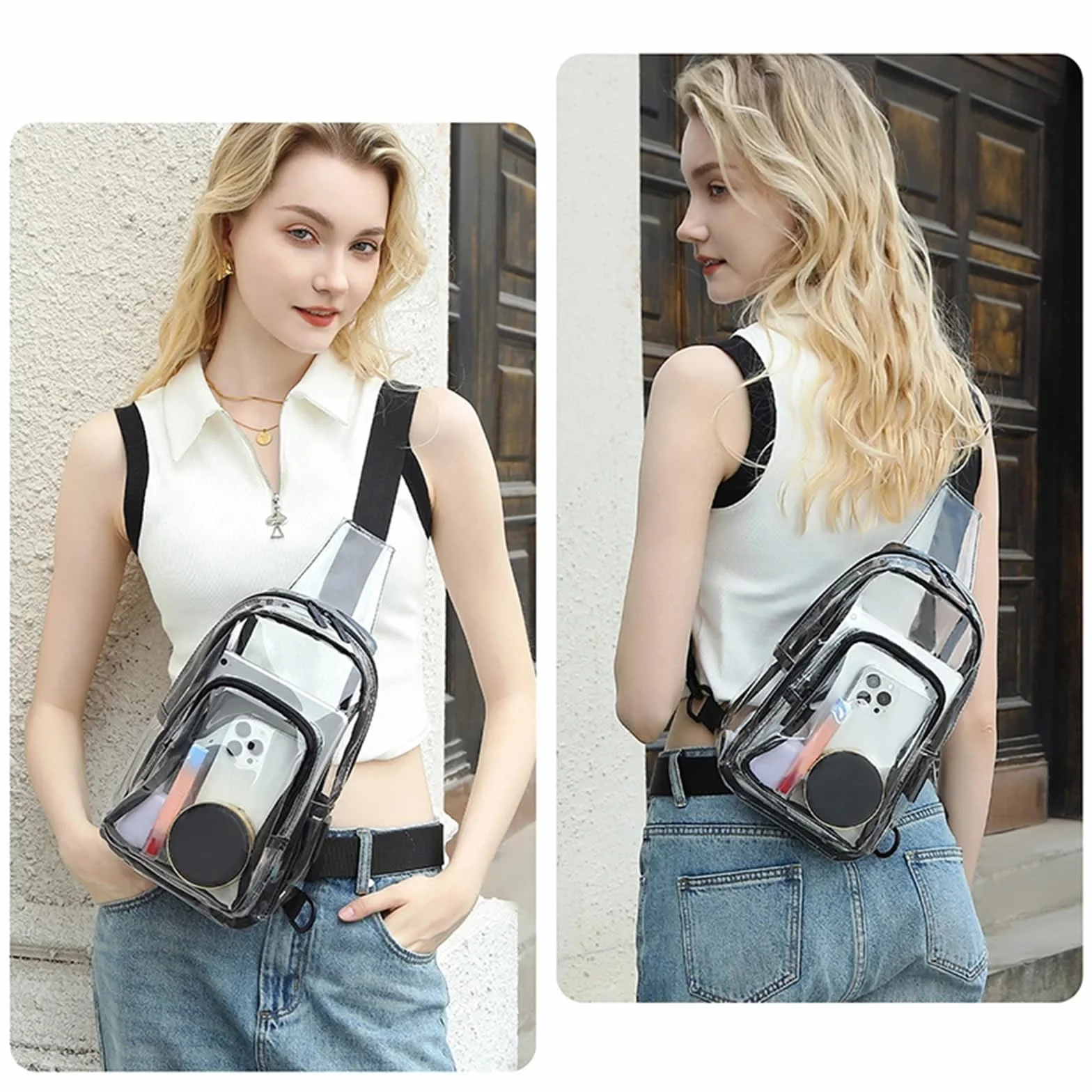 Morain Bolsas cruzadas, bolsa transparente aprobada por el estadio, mochila cruzada, mochila simple para el pecho, bolsa bandolera para eventos de estadio, conciertos, Black