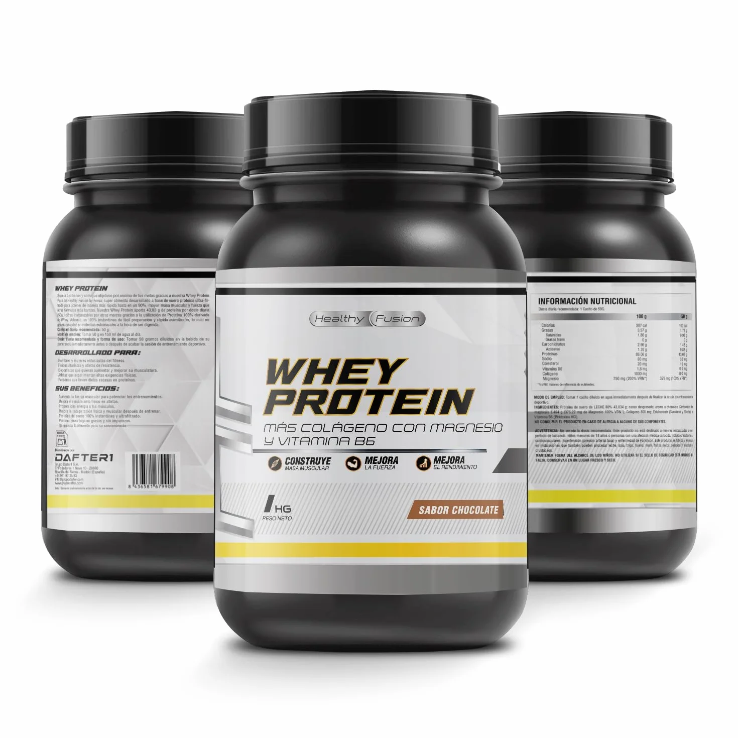 Whey Protein 1KG Polvo Chocolate 43g Proteína BCAA Glutamina Colágeno Magnesio Vitamina B6