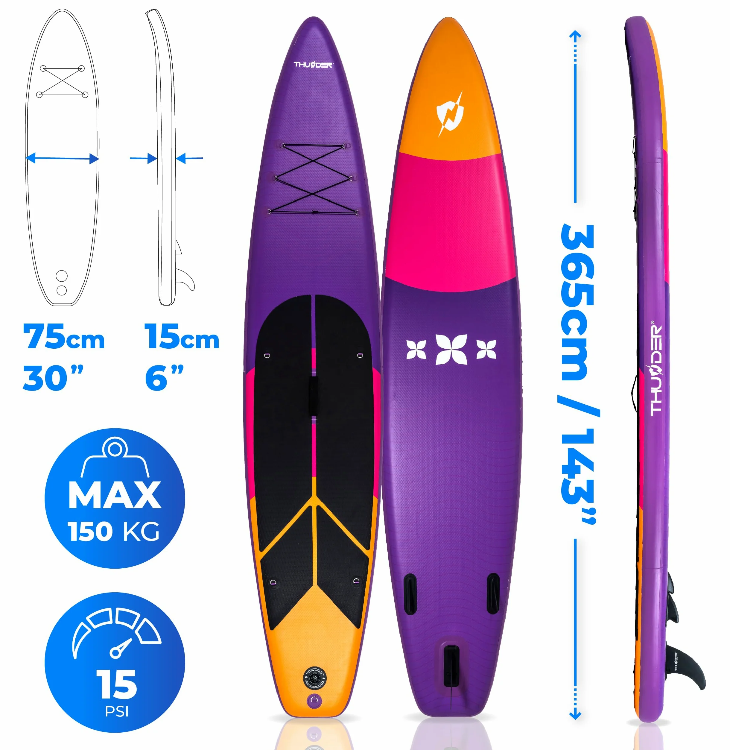 THUNDER Tabla de Sup Inflable 365 cm con Asiento de Kayak – Set de Stand Up Paddle con Bomba, Remo y Mochila – Touring Sup para Adultos y Principiantes hasta 150 kg