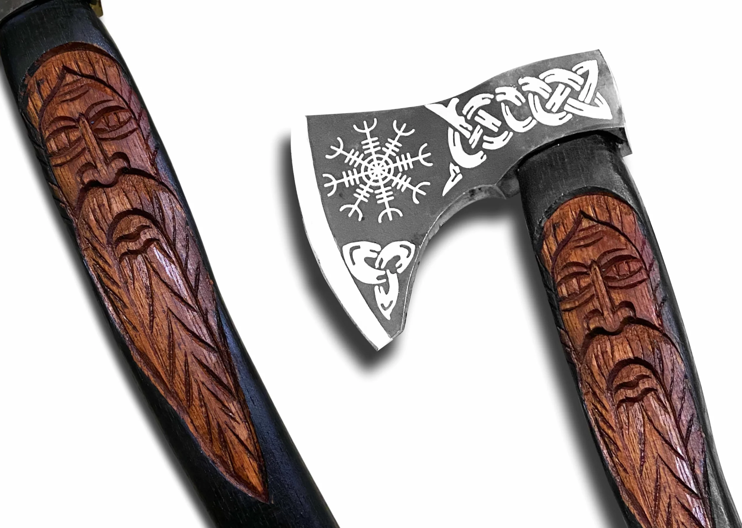 Novahaven Ragnarök Hacha forjada a mano 22 pulgadas acero al carbono mango madera de fresno tallada diseño lobo dragón funda de piel