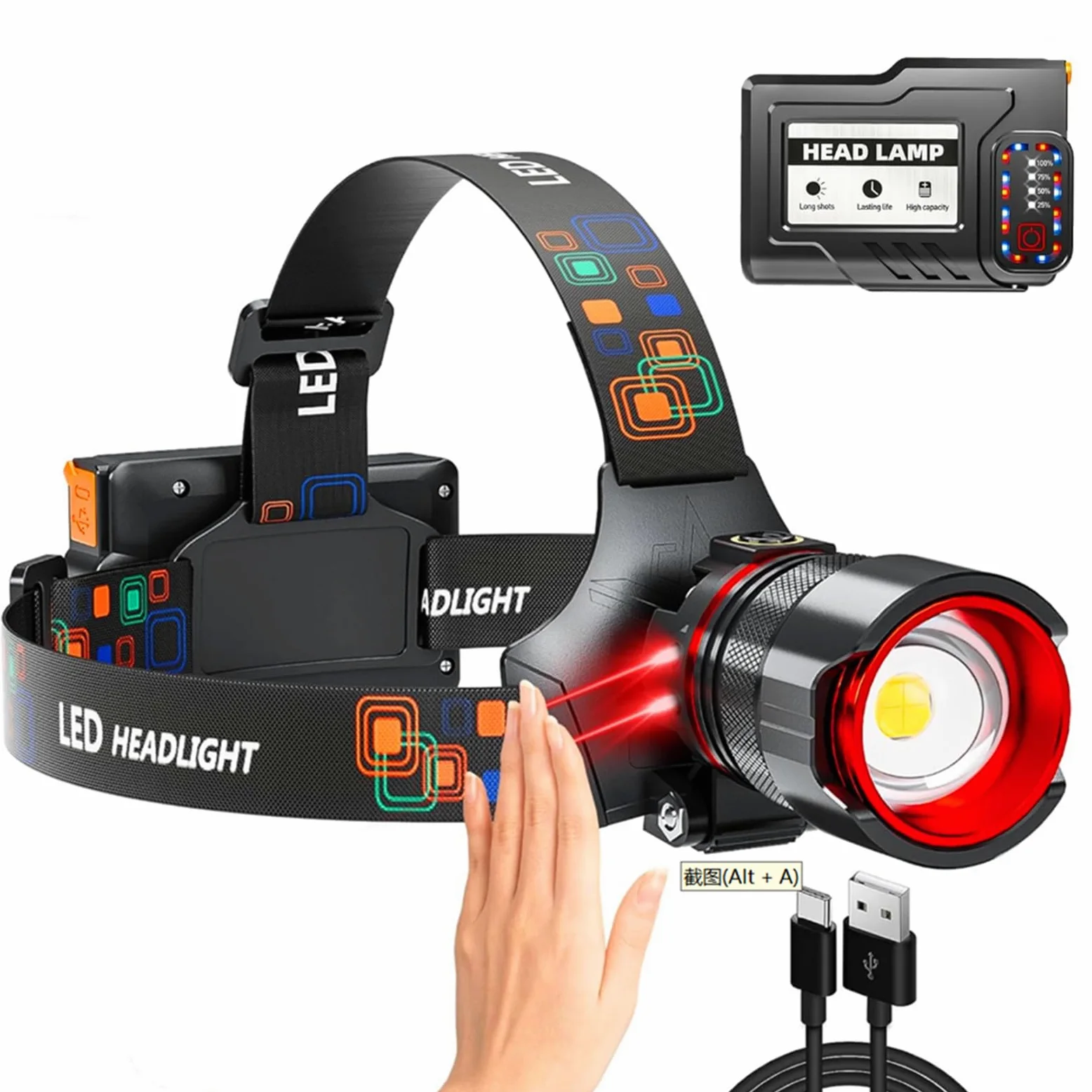 Faro delantero de 5000 lúmenes, LED recargable, faro con zoom con 5 modos y resistencia al agua IPX7, luces de cabeza ajustables de 120° para exteriores, camping, sombrero duro, caza, regalo del día