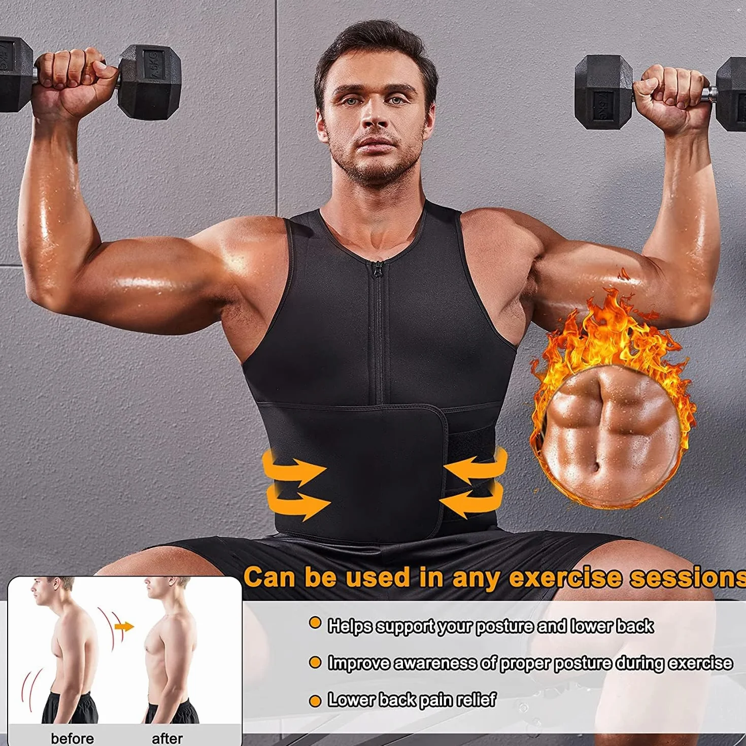 KUMAYES Faja Reductora Adelgazante Hombre Neopreno Camiseta Reductora Compresion de Sauna Sudoración para Deporte Fitness